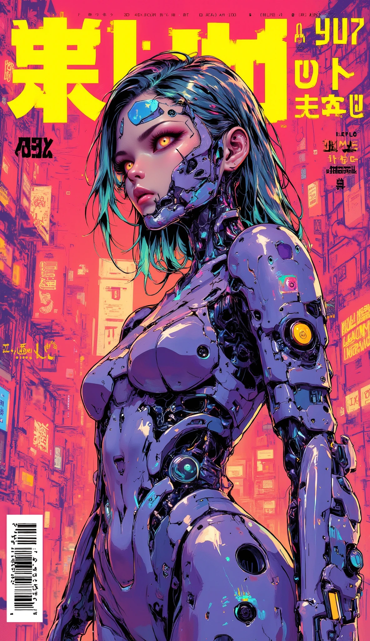 ((magazine cover photograph of (perfect Asian cyberpunk girl))), ((magazine cover)), ((Japanese banner text, Japanese text)), ((dynamic pose)), ((LED lights)), (((extremely weird punk hairstyle))), (barcode), warm colours,  ((cinematic lighting)), perfect features, abstract beauty, near perfection, pure form, concept art, intricate detail, 8k post-production.