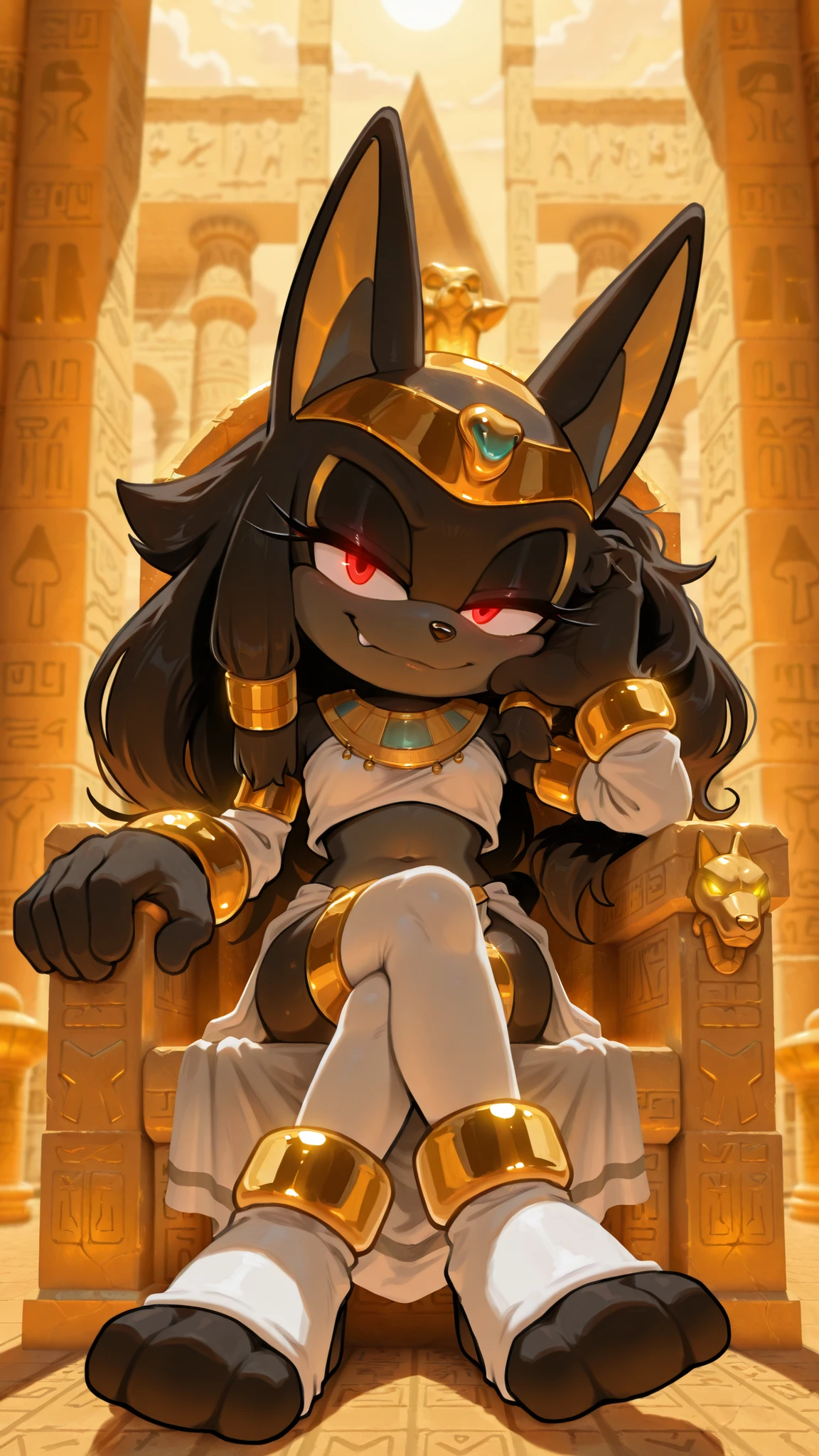 masterpiece, best quality, amazing quality, very aesthetic, high resolution, ultra-detailed, absurdres, newest, scenery, furry, anthro, sonic \(series\), 1girl, solo, furry_female, jackal, long hair, wavy hair, cocky smile, fang, red eyes, glowing eyes, narrowed eyes, seductive expression, half-closed eyes, egyptian temple, see-trough pharaoh clothes, white loincloth, white tribal top, white sleeves, golden wristband, Golden jewelry, white stockings, golden hairband, sitting on a throne, crossed legs, cinematic lighting, depth of field, detailed fluffy fur, volumetric lighting, head resting on one hand, head tilt, full body, sunny,