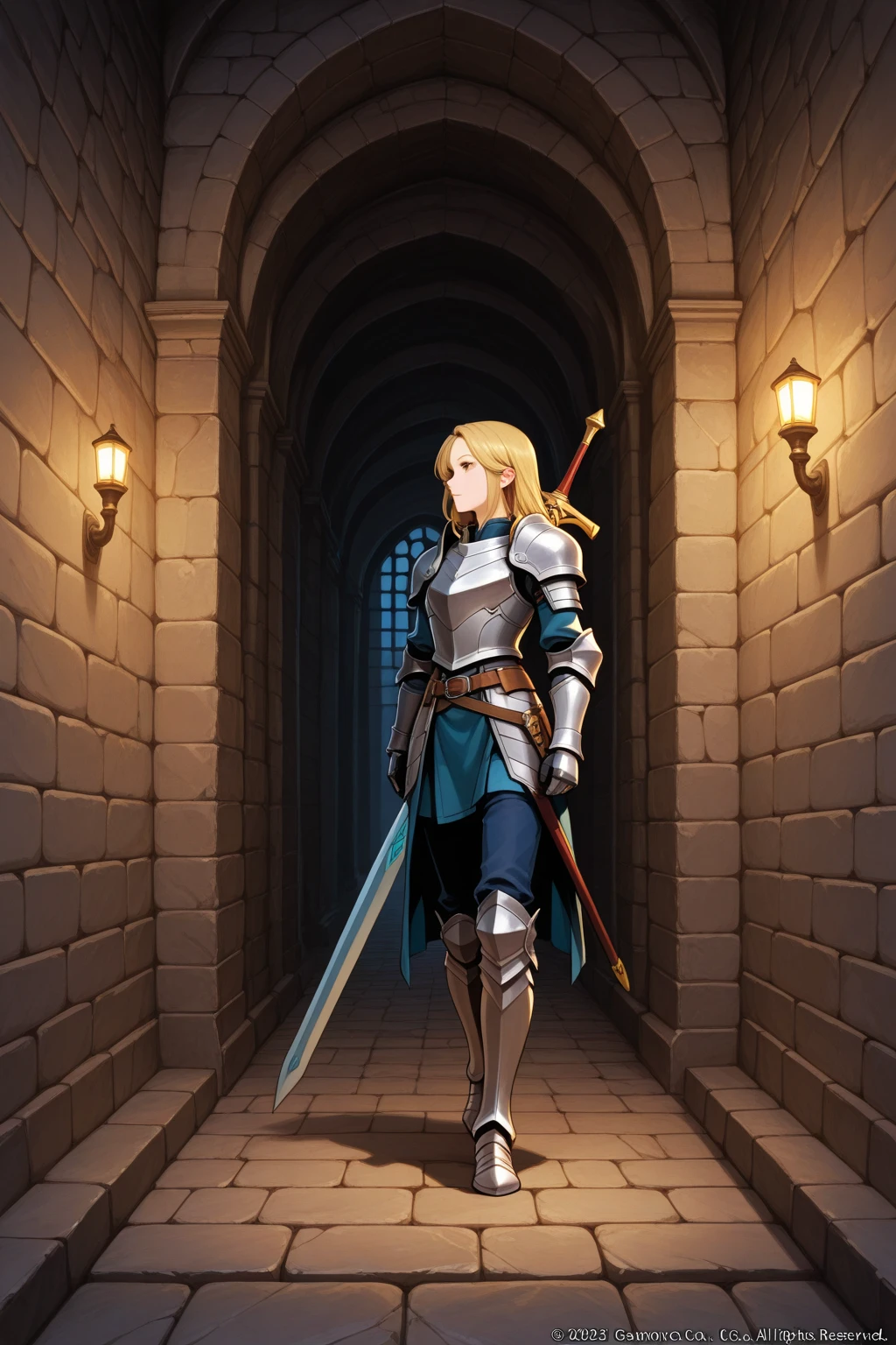 RPG-style, a female swordsman, stands in the dimly lit halls of an ancient castle, woman with dragon horns and dragon tail (midnight blue color) standing with two long swords, long leather coat with two small metal shoulder pads, cream-colored dress with belts, long boots, walking with swords in hand, on the floor lifeless bodies of soldiers in armor with faces hidden by helmets