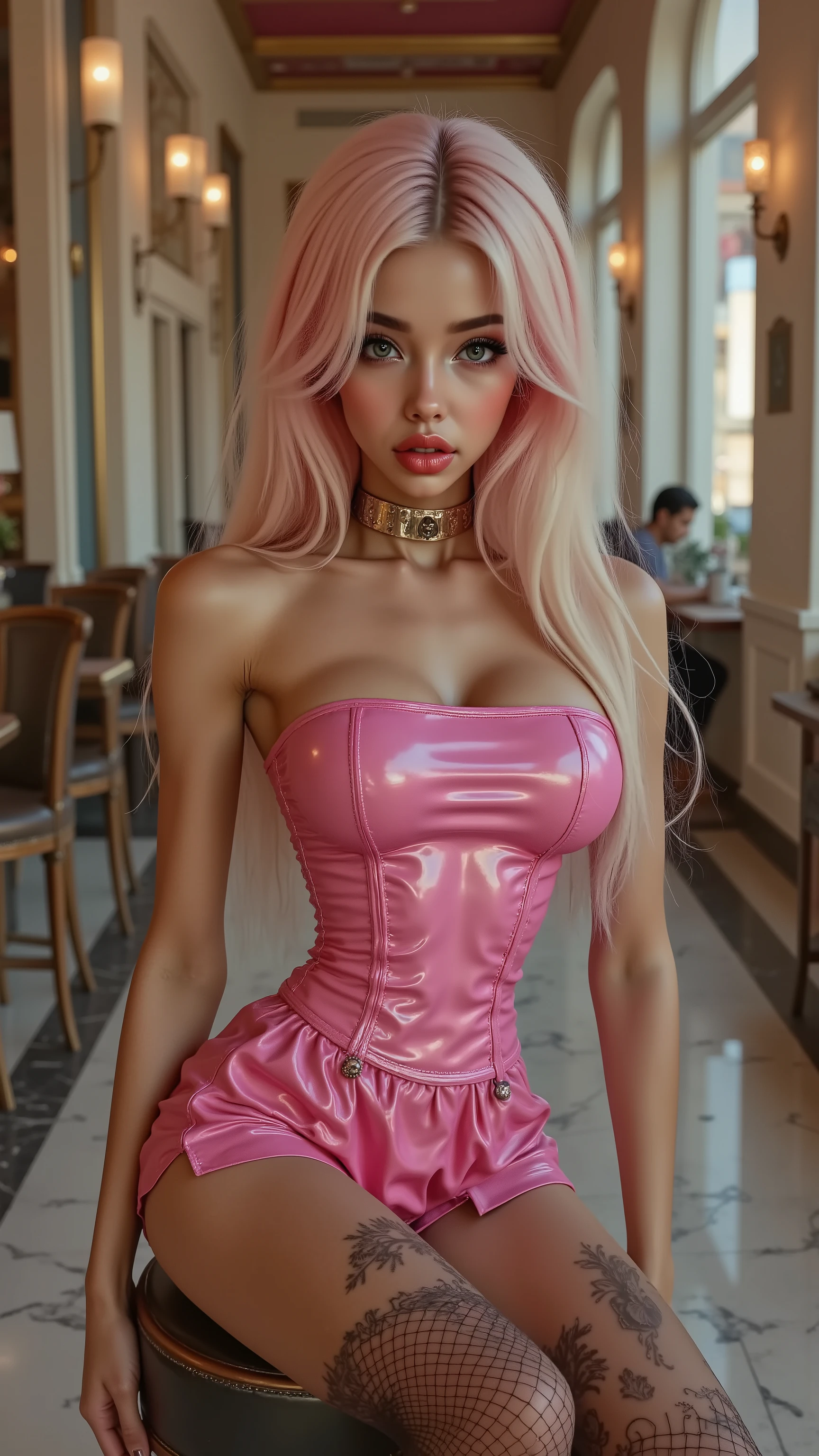 Ultra-realistic (photorealistic Realism) , (Key Directive: - The priority is the anatomical accuracy and texture of the materials - Ultra-sharp human eyes with biological accuracy) {Character: age19 with an toned extremly skinny athletic build | Face: A very beautiful and cute Woman, perfect face, perfect symmetrically eyes, red lipstick. her mouth is open in an expression of (orgasmic ecstasy) | "Eyes: (acid-resistant terminology) (macro-details:1 . 5): * Moist corneal surface (visible aqueous layer:1 . 2) * Ultra-detailed iris stroma brown (with gold flecks) * Precise limbal ring (slightly darker pigmentation:1 . 22)" - Lashes: blue individual synthetic fibers (crosshatched roots:1 . 2 , clump-free separation) (Post-Processing: - Frequency separation for skin vs eye details) (Avoid: pupil distortion , uncanny valley asymmetry , plastic-like wetness) | Skin: pale skinney and ultra tanned skin, Wet skin, (extremly skinny slim anorexic body) | Hair: ((insanly long flowing bright pink with blond high-lights shiny hair)) | Pose: she relaxes in luxurious 50s style café. Environment: (luxury 1950s-style cafe, sitting on a stool, near the window, interior in pastel warm colors, marble floor, sitting position on a chair (erotic scene)), Outfit: A dress a beautiful girl with a perfect figure in something nice, made of available materials [wearing (Gothic corset style (extra smooth, shiny pink latex (tightly laced at the waist, body-hugging)), intricately detailed:1.32)], [pink mini skirt ((pleated latex, tiny mini skirt:1 . 35), no_panties , (curvy)), wraps around the hips] [(fishnet stockings on legs)], [all here Latex Looks glossy and wet], (she is holding Pink /Purple Heart shaped handbag With gold chain)} | Lighting: - beautiful golden sunset light is touch here skin and body, Beautiful cinematic light (Rendering engine: Unreal Engine 5 path tracing, 16K texture maps), (generate hands anatomically correct:1.35).
