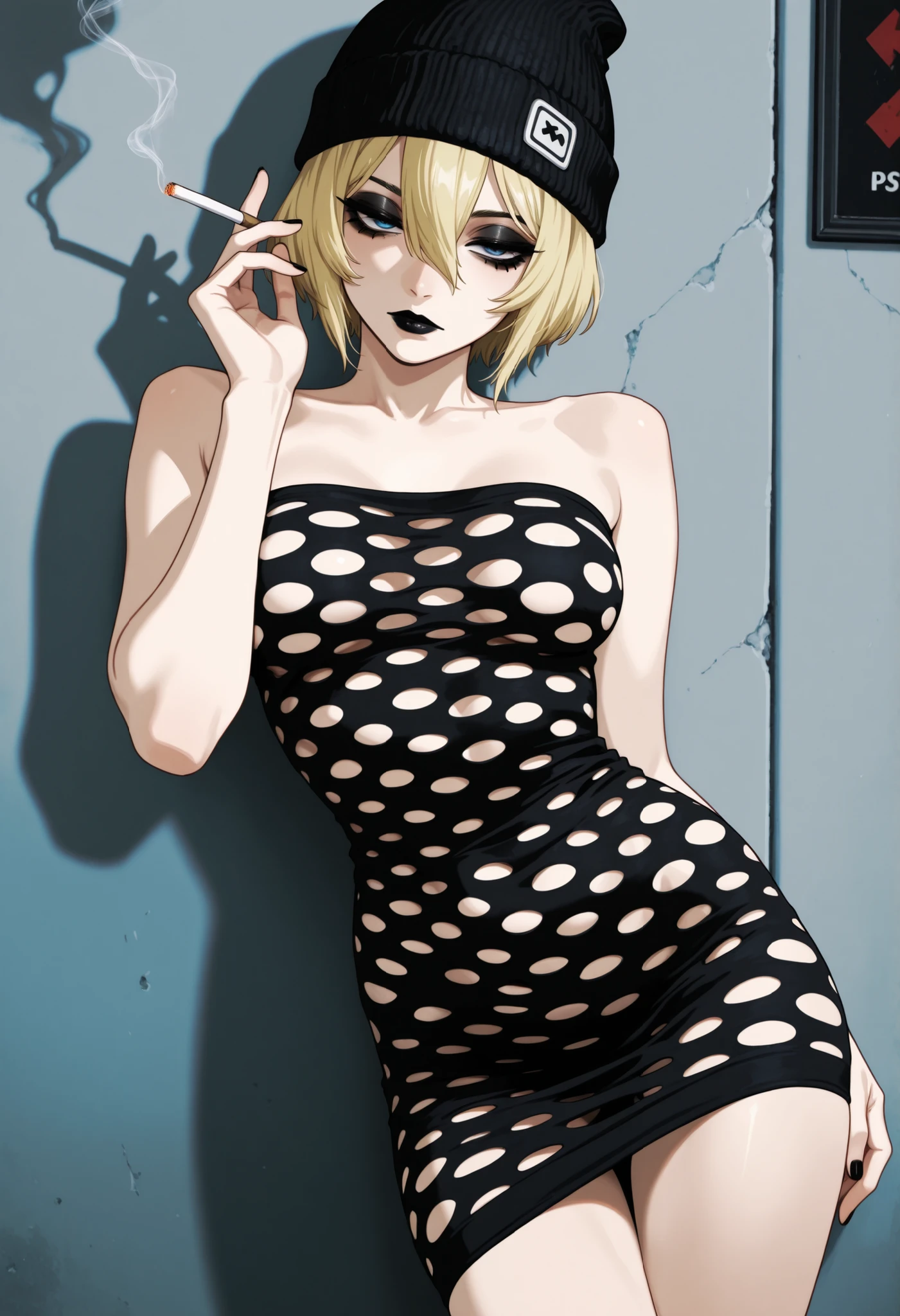 1girl, pothole tube dress, blonde hair, short hair, black eyeliner, black mascara, blue eyes, black lips, black beanie, hair between eyes, leaning against wall, half closed eyes, smoking a cigarette, looking at viewer