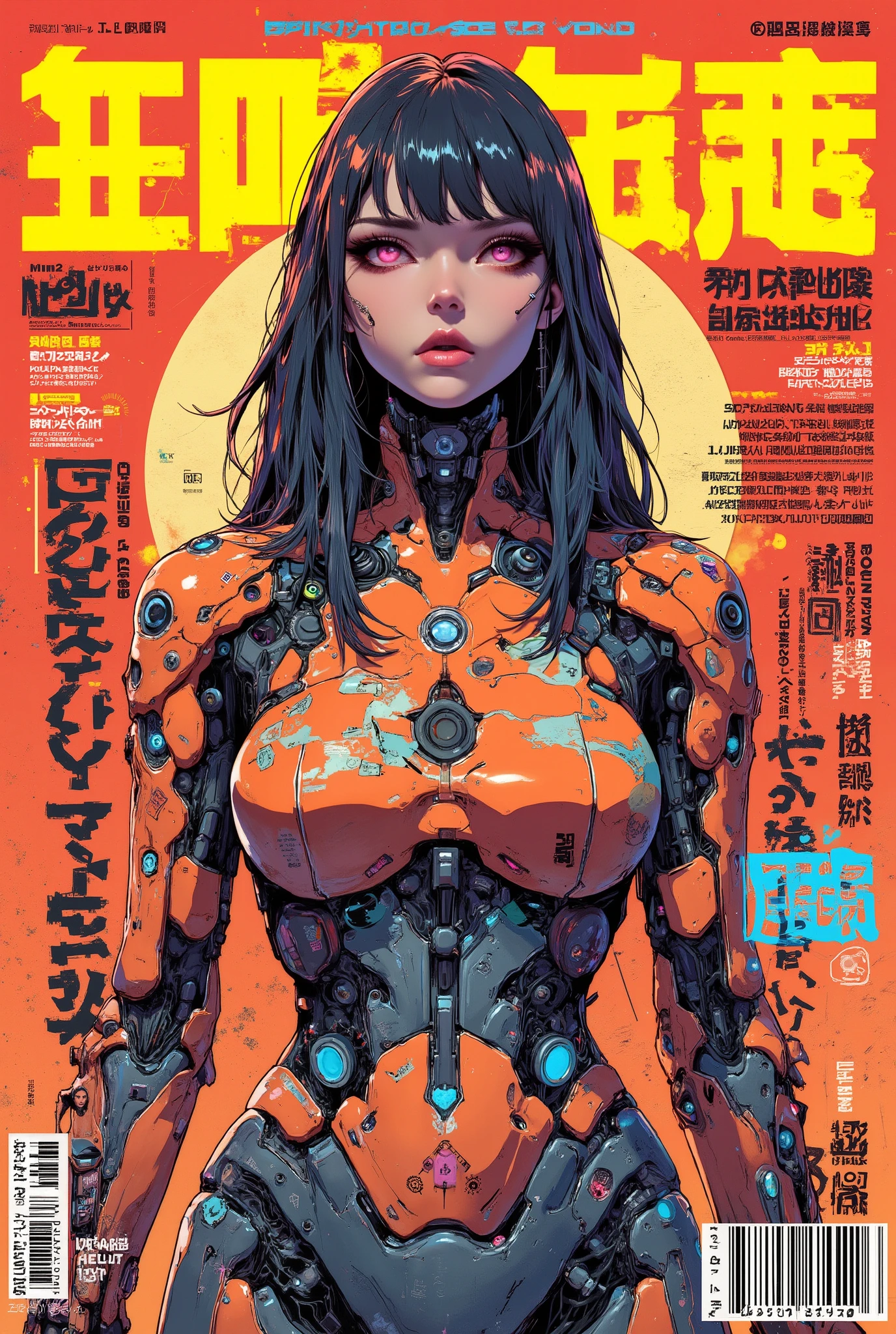((magazine cover photograph of (perfect Asian cyberpunk girl))), ((magazine cover)), ((cowboy shot)), ((Japanese banner text, Japanese text)), ((dynamic pose)), ((LED lights)), (((extremely weird punk hairstyle))), (barcode), warm colours,  ((cinematic lighting)), perfect features, abstract beauty, near perfection, pure form, concept art, intricate detail, 8k post-production.