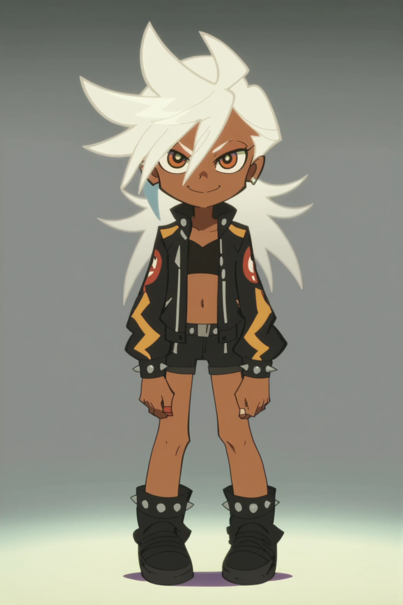 p&s style, screencap, anime, score_10, flat colors, woman, brown skin, brown eyes, white hair, smiling expression, wild hair, black punk outfit, front view, full body