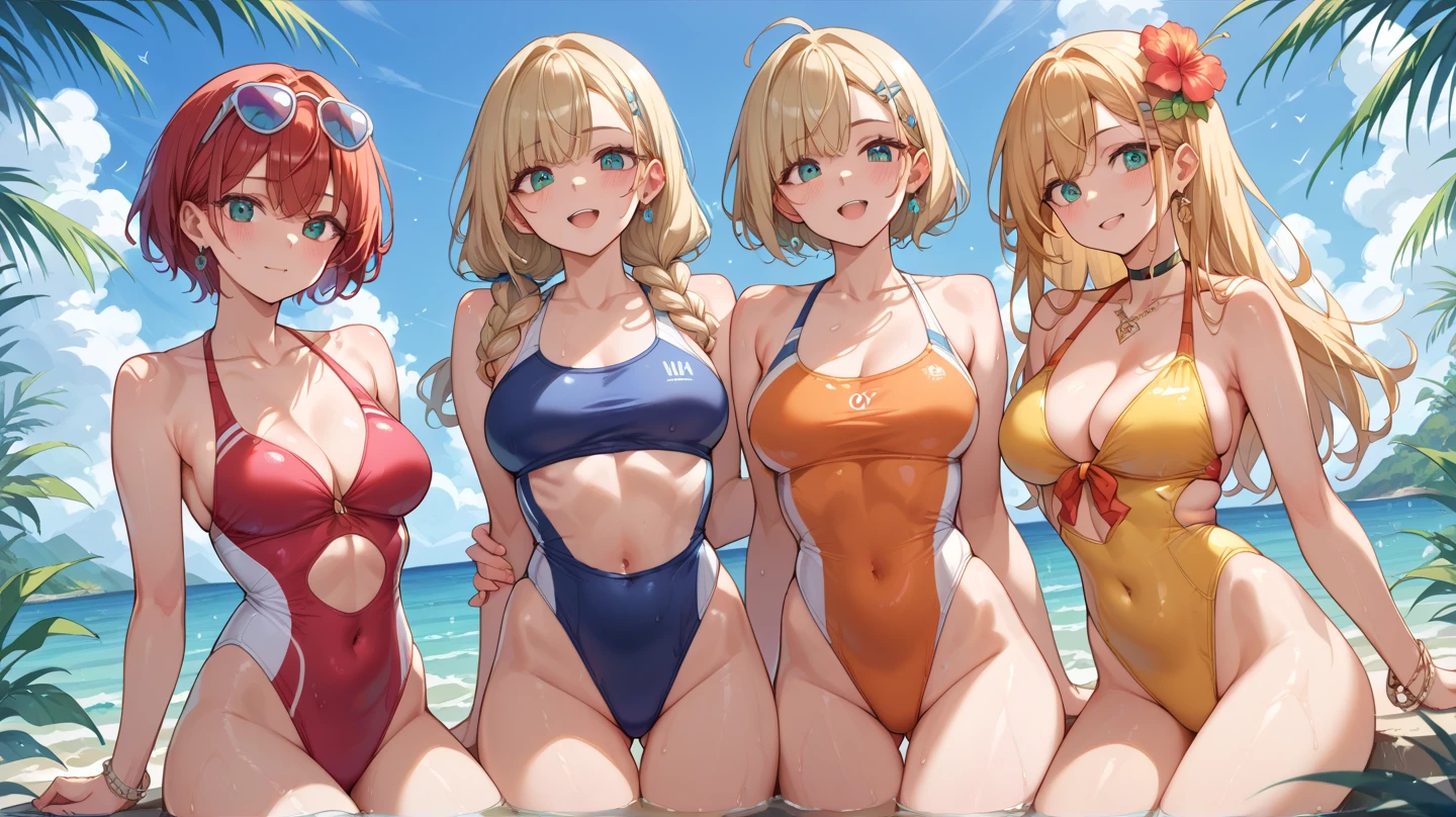 obra maestra, mejor calidad, 4 chicas juntas con tetas gigantes muy gigantescas, Playa de arena, tiny bikinis with cow designs,Saltar, sonrisa, dynamic, mira al espectador, cow print bikini