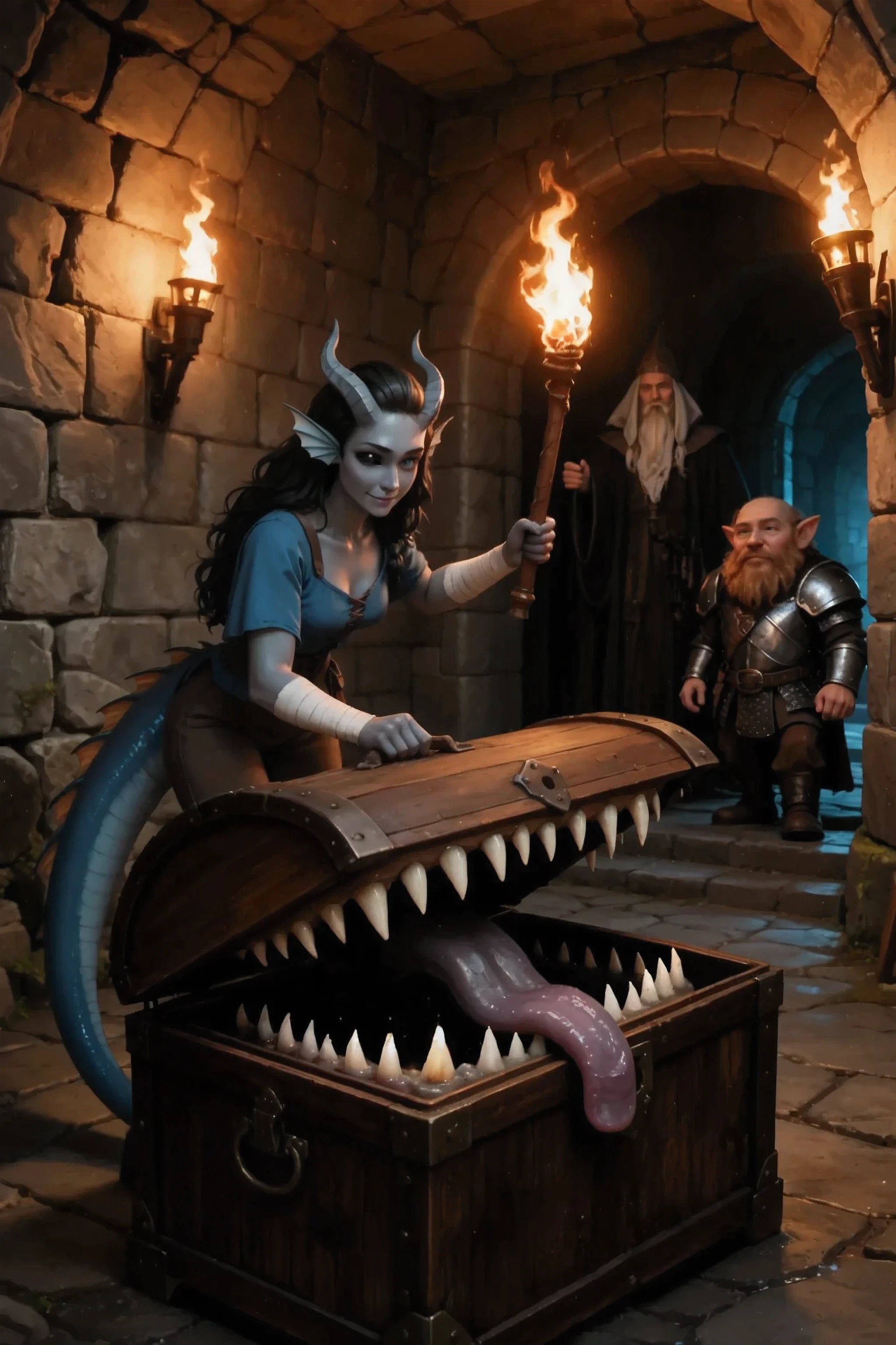 CEDAR IN THE DUNGEON
In the foreground is a large medieval wooden chest made of dark wood. On top of the chest, the lid is slightly raised from under which you can see rows of sharp teeth and licking his broad tongue. All around is a small stone room, a dungeon illuminated by two ancient torches, attached to the sides of the room.
A woman goes to the chest behind the chest, intending to open the chest
Kedra, dark blue-gray skin , (a slight insidious smile), (pigmentation of the shoulder:1.3), fins on her head, dark blue-gray horns, Loose black hair, bright blue eyes , hand bandages, ( Best hands ). (5 dark blue-gray fingers), chest by the handle, looks cautiously at the chest below, Leans over to open an old wooden dark chest. A burning medieval torch is raised in her hand. against the background of a dark dungeon and textured stone walls. Dark gloomy background and atmosphere, darkrain,
in the background behind the woman at the entrance, behind whom there is a fantasy sorcerer and a short, harsh dwarf with a beard in medieval armor.
masterpiece, the best quality, ultra-detailed, Cinematic emotional static frame, 8K UHD, extremely detailed, physical visualization, HDR.