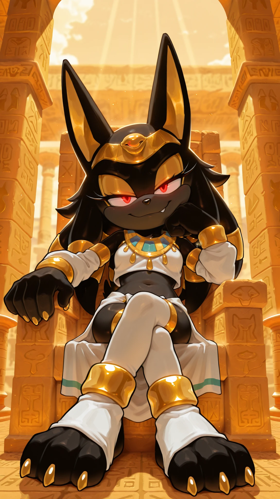 masterpiece, best quality, amazing quality, very aesthetic, high resolution, ultra-detailed, absurdres, newest, scenery, furry, anthro, sonic \(series\), 1girl, solo, furry_female, jackal, long hair, wavy hair, cocky smile, fang, red eyes, glowing eyes, narrowed eyes, seductive expression, half-closed eyes, egyptian temple, see-trough pharaoh clothes, white loincloth, white tribal top, white sleeves, golden wristband, Golden jewelry, white stockings, golden hairband, sitting on a throne, crossed legs, cinematic lighting, depth of field, detailed fluffy fur, volumetric lighting, head resting on one hand, head tilt, full body, sunny, claws, snout, black skin