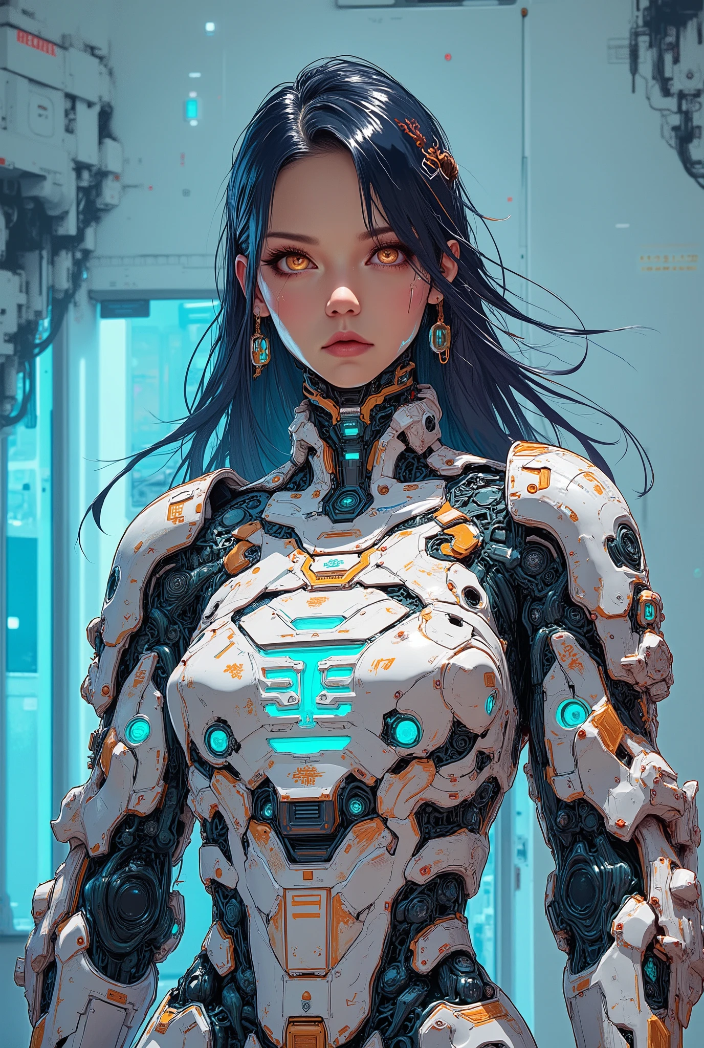 ((colourful  photograph) of (perfect Asian cyberpunk girl))), (((wearing incredibly detailed ornate cyberpunk samurai armour))), ((LED lights)), (shapeless long hair), perfect features, ((cowboy shot, dynamic pose)), (((starship interior))), (((Jim Burns art style))), abstract beauty, near perfection, pure form, concept art, intricate detail, 8k post-production.