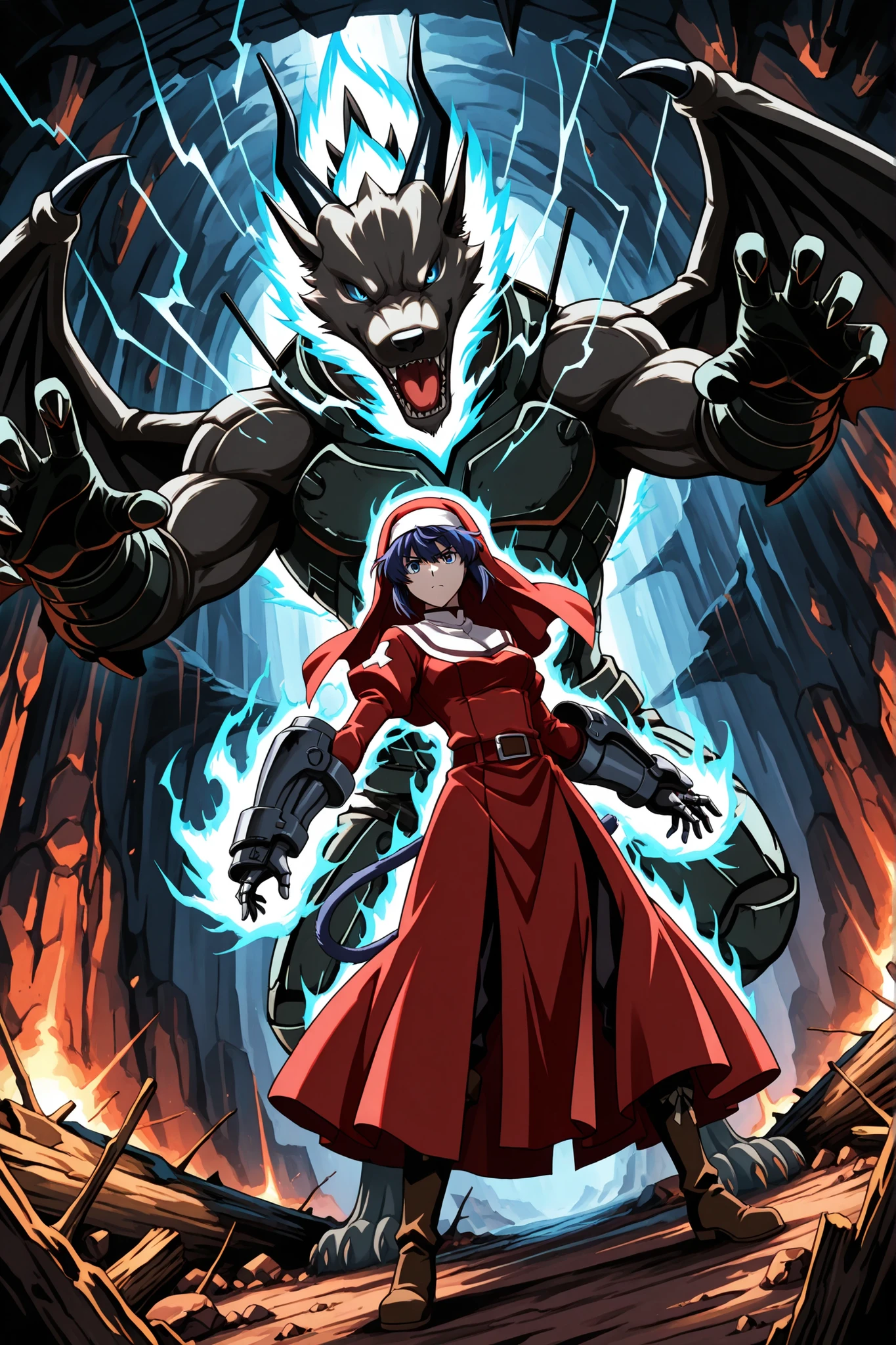 1girl, Character, Log Horizon, beautiful furry Siamese catgirl, blue eyes, red nun uniform,oversized steel gauntlets, ki energy aura, fighting dragon, underground cavern, dramatic lighting, dramatic camera angle, Log Horizon art style
