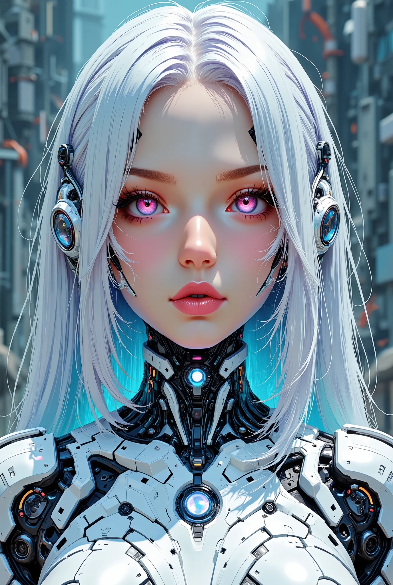 stunning photorealistic portrait photograph of 1 beautiful cyberpunk girl, albino, white shapeless cyberpunk hair, white eyebrows, ((baroque intricate cyber armor)), solo, hyperdetailed painting, luminism, Bar lighting, complex, 4k resolution concept art portrait