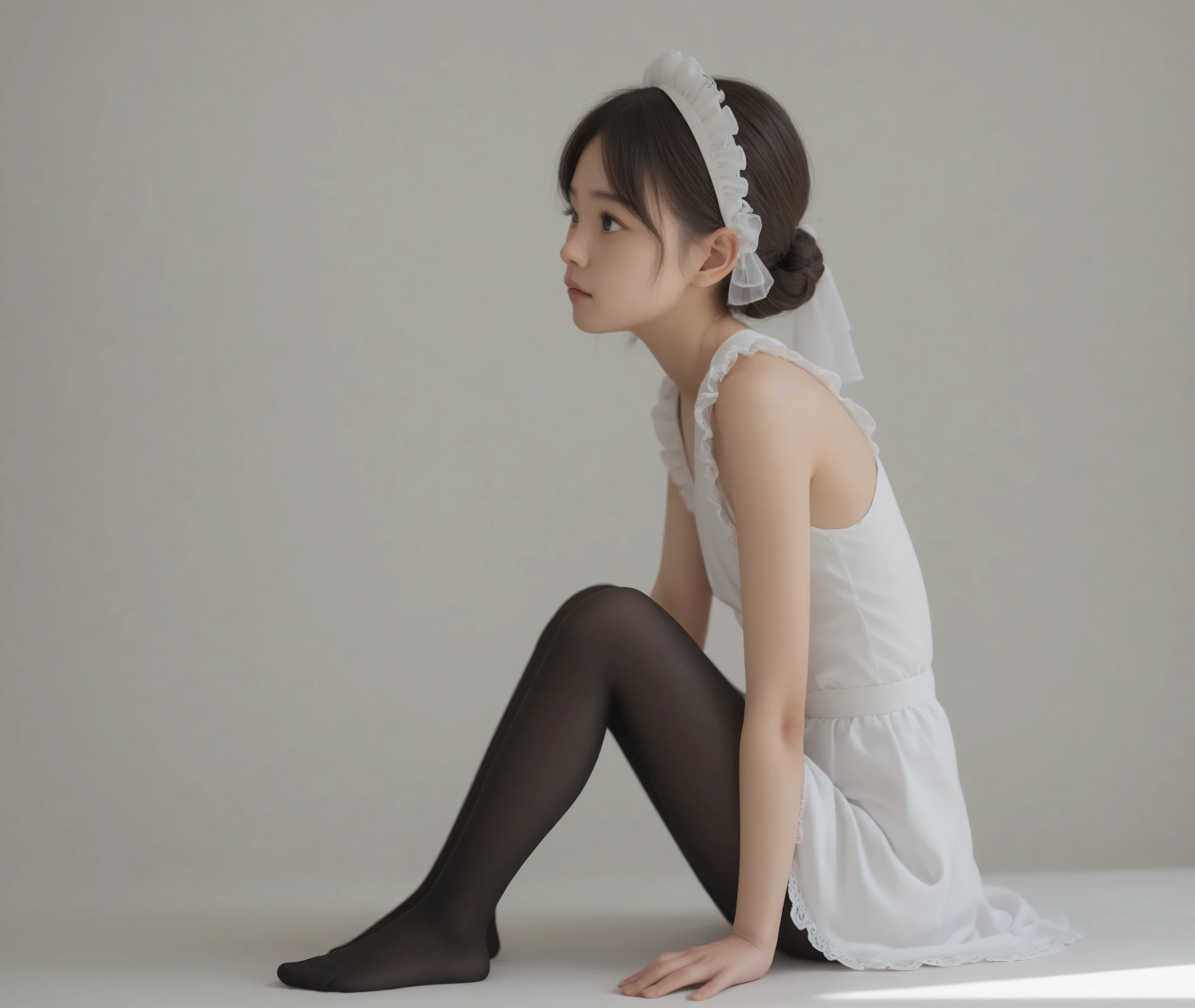 1 girl、maids、(Smile Yang with a middle-aged man:0.3)、looking here,sitting、 Thin tights 、From the side、open both legs,(younger:1.5),(skinny:1.1),japanese