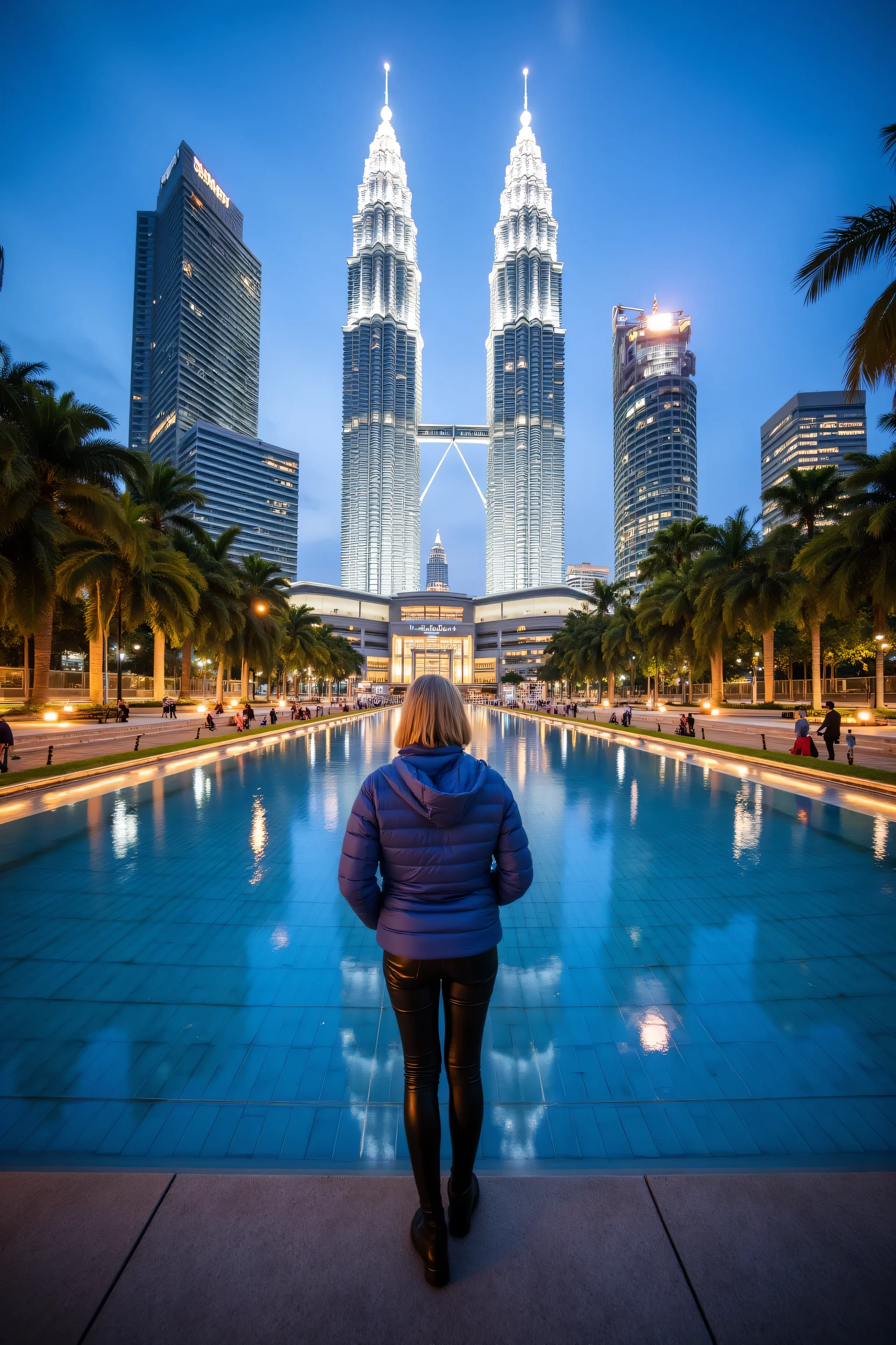 (masterpiece, best quality:1.2), a wide angle image of a 74 year old woman standing at the bottom of the PetronasTowers Petronas Towers reflecting pool at dusk, wearing blue leather jacket, wearing black leather jeans, the towers are decorated for Christmas