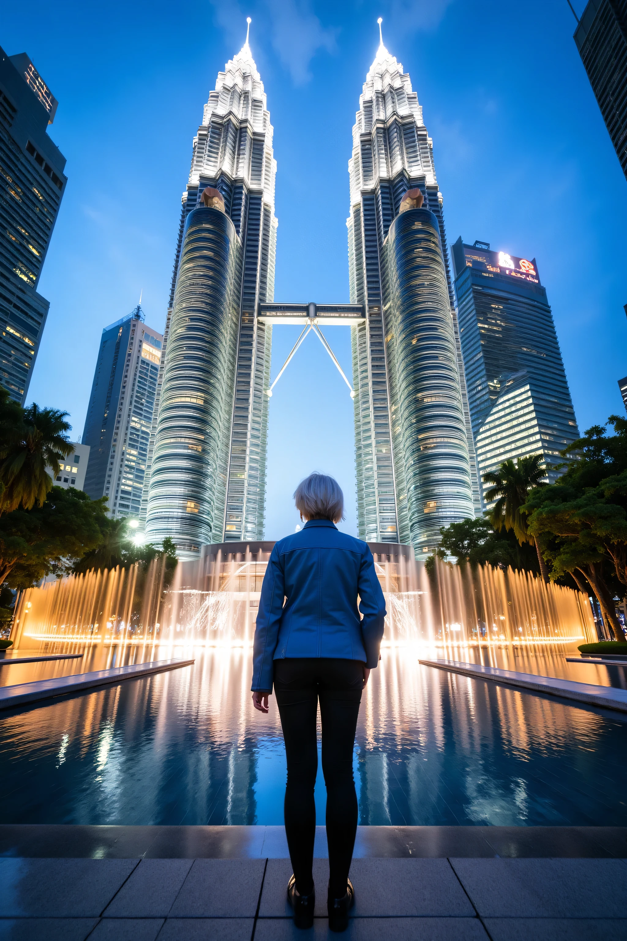 (masterpiece, best quality:1.2), a wide angle image of a 74 year old woman standing at the bottom of the PetronasTowers Petronas Towers reflecting pool at dusk, wearing blue leather jacket, wearing black leather jeans, the towers are decorated for Christmas