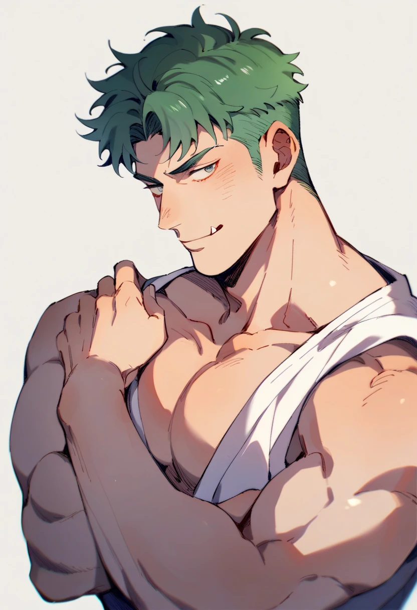 A muscular man wearing green and white fitness clothing，Cool hairstyle，Beach，