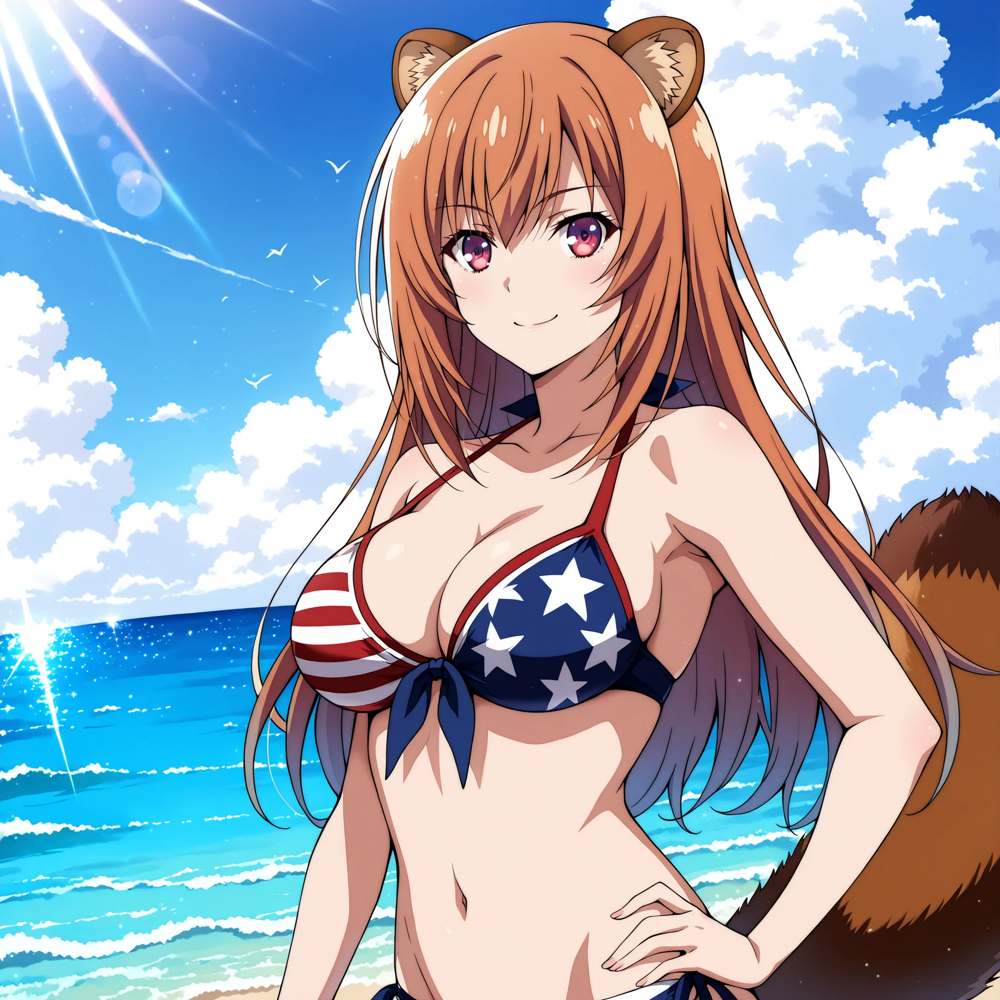 Honami Ichinose, by Youkoso Jitsuryoku Shijou Shugi no Kyoushitsu e,  with brown-orange hair, Red Eyes. round raccoon ears and fluffy tail, slender figure and big breasts. She has a cheerful smile and blushes. She wears a bikini with an American flag design. She happily walks along a paradise beach. Ultra-detailed anime-style art, vibrant and dramatic lighting, soft and realistic textures. impeccable aesthetics, masterpiece quality, 4K resolution.