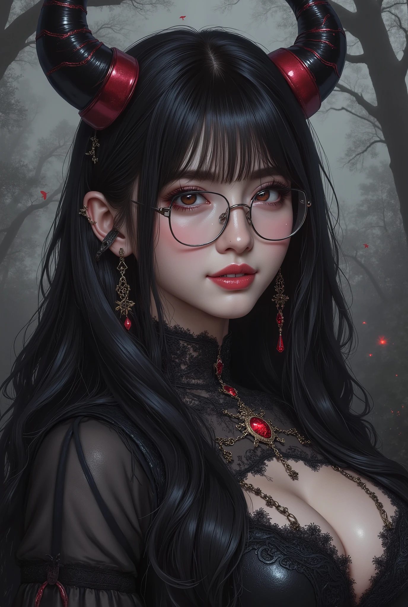 (highest quality,4K,8k,High resolution,masterpiece:1.2),Super detailed,(Realistic,photoRealistic,photo-Realistic:1.37), ((((glasses,Evil Ruby's Cursed Necklace, Big Breasts,braids)))), Close-up of a woman with dark hair and a black dress, Ugly Satan Girl,Dark Eyes,sinister smile,Evil Aura,Burning Flames,Soul Corruption,Dark Shadows,Ominous atmosphere,Strange symbols,Cursed Land,Eternal Darkness,An unforgettable presence,Intimidating person,Grotesque features,Horror Scene,Nightmare born kimono,Twisted reality,Scary atmosphere,Awesome work of art,Evil Unleashed,Devil's Realm,Supernatural horror,Creepy art,Nightmare fuel,Terrifyingly clear,Abstract fear,Terrifyingly beautiful,A devilish masterpiece,Fear incarnate,Shadow Chaos,A devilish existence,born々Shii Darkness,in style of Dark Fantasy Art, Dark fantasy art, A beautiful and elegant demon queen, Dark Fantasy Art, fantasy dark art, Dark fantasy digital art, Gothic fantasy art, Gothic Dark Maiden, Detailed Texture,Spooky creatures,An ominous atmosphere,Mythical,cosmic Horror,darkness,Mysterious,Dark aesthetic,Fog Background,Eyes of another world,Ancient Gods, Powerful wizard, Stand in the mysterious forest. Flowing robes decorated with symbols, Arms stretched out, Powerful,Tentacles,Pitch black blackness,Majestic,Unfathomable depth,Nightmare,The existence of the universe,an ominous existence,seeping darknesss,Secrets of the Universe,That's horrible,It (Spooky atmosphere), (Cartoon-like atmosphere),(Grainy), (Dramatic Shadows), (Dynamic pose), ((Artistically expressed)), ((Fascinating), (Gothic), (Mysterious Setting), (Moody color palette), (Skillfully drawn), (Feelings of anxiety), (Intricate details), (an ominous smile), (an ominous), (Fascinating eyes), (Horror elements), (Fascinating composition), (Impressive anatomy),(Striking contrast)), (Exquisite craftsmanship), (Interesting character designs)、Dark Fantasy Portrait, Portrait of the Dark Goddess, Satan Girl,devil,