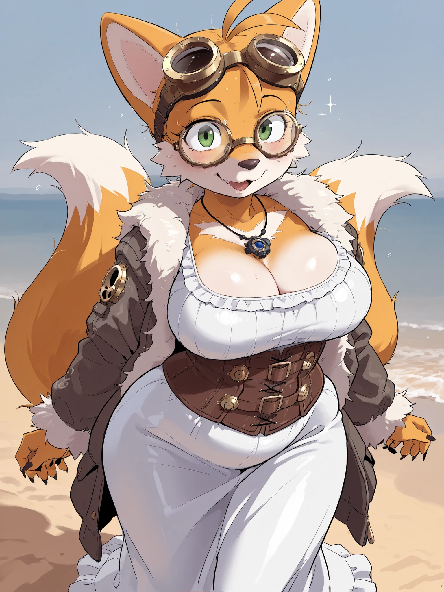 (masterpiece, the best quality), incredible quality, very aesthetic, absurd, high resolution, NEW , HDR-10, 8K, Cinematic Nails, professional photo, chica, (((female miles "Tails" Prower:1))), big breasts, (Small but curvy), fat nose, wide hips, dress with brown corset and fur jacket over the dress with corset, steampunk coffee stockings:1, steampunk glasses over the head, Standing, black necklace, (((Playful expression))), (((neckline))), on the beach, detailed background, subsurface dispersion, particles, brilliant, SSS, of the highest quality, atmospheric haze , IllustrationsP0s  , (super quality:1.2),  very excited