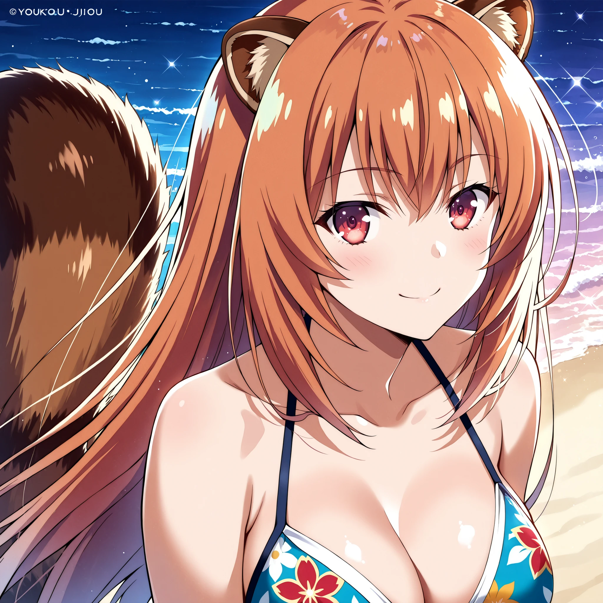 Honami Ichinose, by Youkoso Jitsuryoku Shijou Shugi no Kyoushitsu e,  with long brown-orange hair, Red Eyes. round raccoon ears and fluffy tail, slender figure and big breasts. She has a cheerful smile and blushes. She wears a magenta bikini with floral details. She happily walks along a paradise beach. Ultra-detailed anime-style art, vibrant and dramatic lighting, soft and realistic textures. impeccable aesthetics, masterpiece quality, 4K resolution.