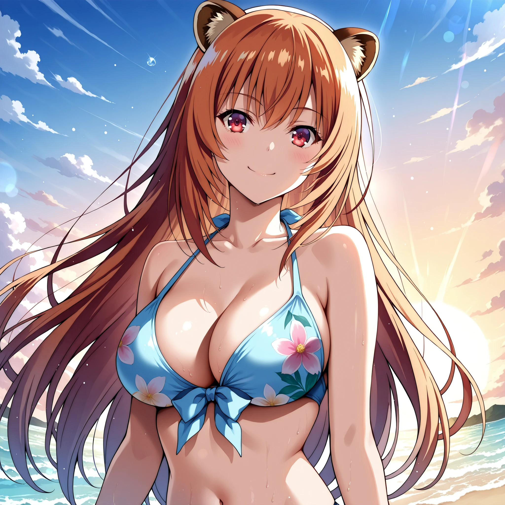 Honami Ichinose, by Youkoso Jitsuryoku Shijou Shugi no Kyoushitsu e,  with long brown-orange hair, Red Eyes. round raccoon ears , slender figure and big breasts. She has a cheerful smile and blushes. She wears a magenta bikini with floral details. She happily walks along a paradise beach. Ultra-detailed anime-style art, vibrant and dramatic lighting, soft and realistic textures. impeccable aesthetics, masterpiece quality, 4K resolution.