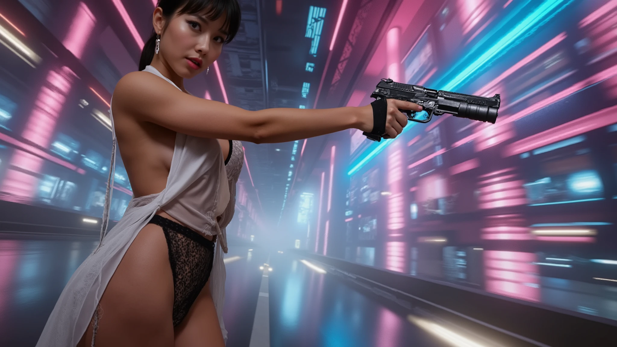 (photo-realistic, aerial view, movie poster), background:1.9 half-body shot of a sexy large-breast:1.3 Japanese 1woman secret agent, facing camera, (side boob, braless, cleavage:1.2), hip up, slim face, slim:0.1 body, well-lit face, (((white simple transparent extremely short shift dress, detailed hemline, exposing transparent lace black G-string panty, pubic hair))), (((aiming with a short:0.1 sci-fi pistol))), well-lit:1.2, flying vehicle in distance, digital art, concept art, dramatic lighting, cinematic composition, (bursting stream of colorful blurred neon rays background).