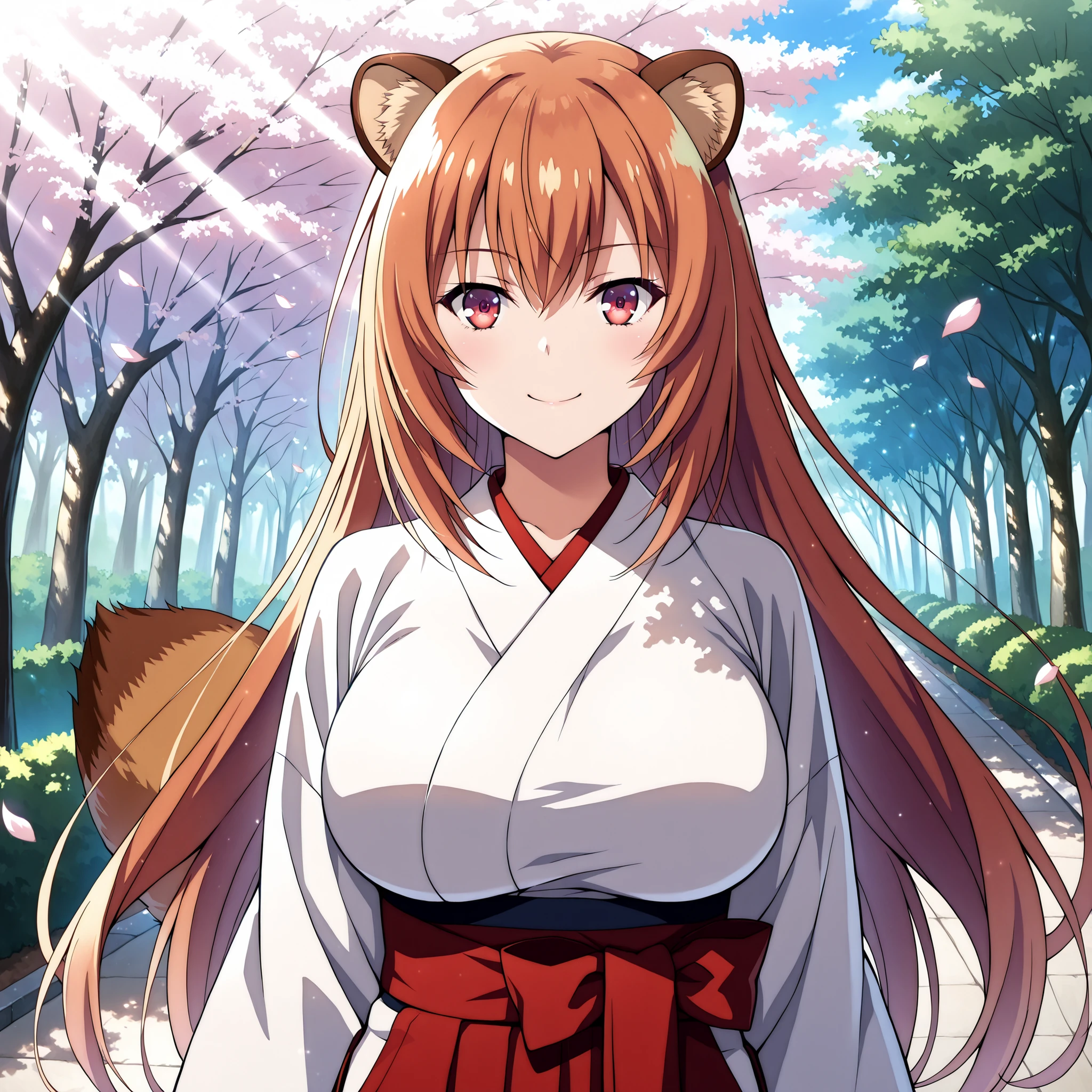 Honami Ichinose, by Youkoso Jitsuryoku Shijou Shugi no Kyoushitsu e, with brown-orange hair, Red Eyes. round raccoon ears and fluffy tail, slender figure and big breasts. She has a cheerful smile and blushes. wearing a white Japanese saserdotisa costume on the top and red on the bottom. Walk merrily through a Japanese garden cherry petals calledo. Ultra-detailed anime-style art, vibrant and dramatic lighting, soft and realistic textures. impeccable aesthetics, masterpiece quality, 4K resolution.