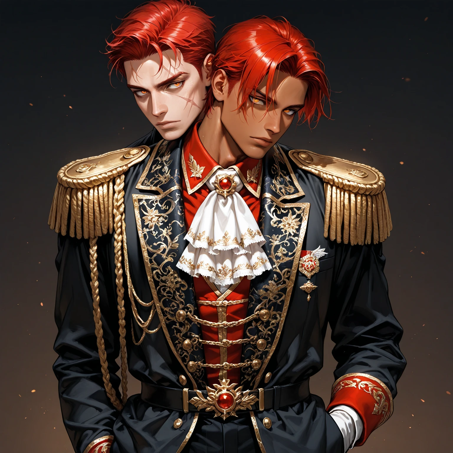 One Red haired man medium length hair in spikey poneytail. Tall and attractive. Standing in a dynamic pose. Correct 