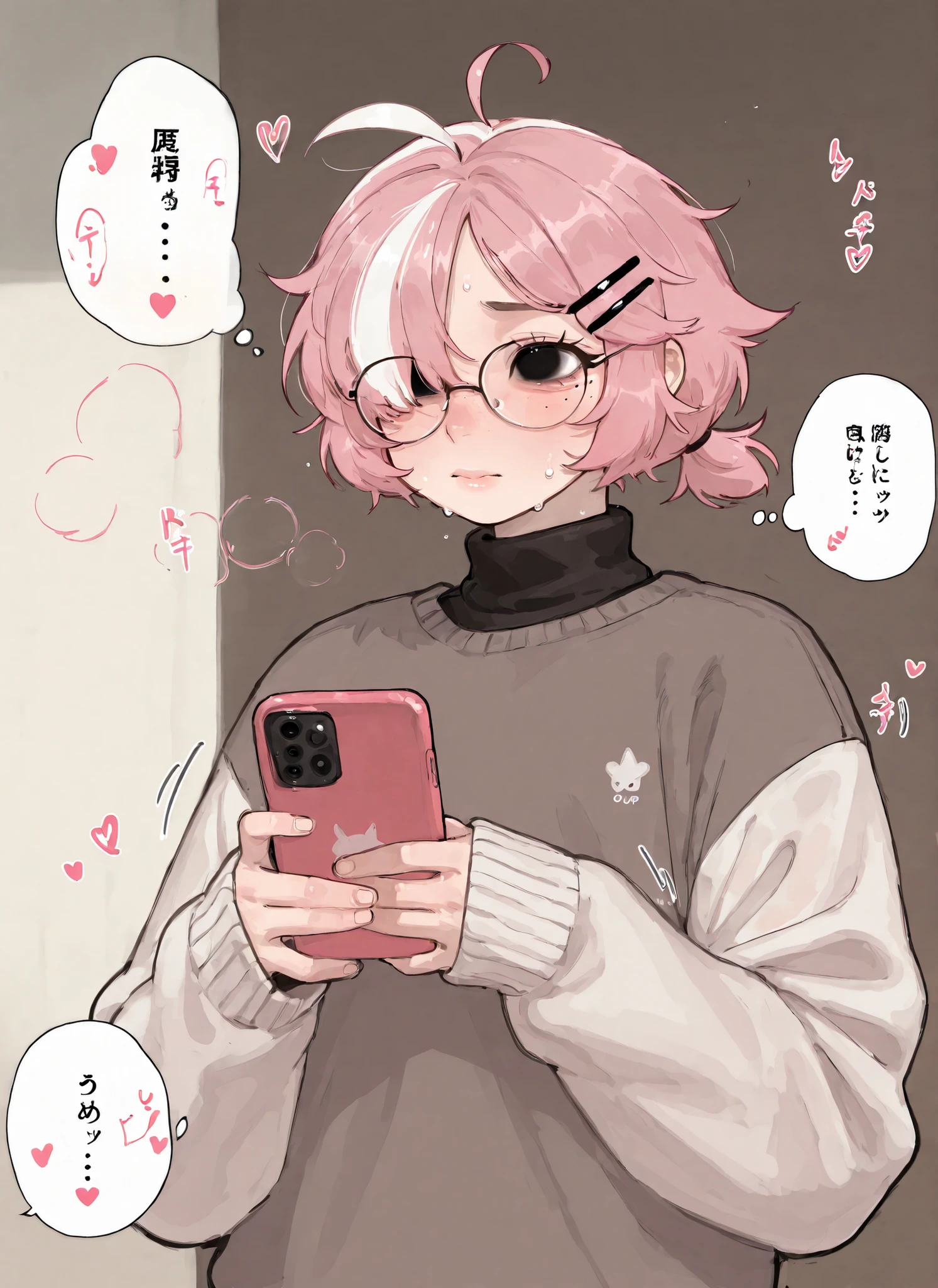 score_9_up, score_8_up, score_7_up, high quality, shaded, masterpiece, light blush, 1boy, adult man, mature man, femboy, black eyes, pink hair, white hair, white highlights, hair flaps, freckles, short hair, ahoge, HOLDING, , solo, hairclip, glasses, heart, rating:safe, hair_ornament, sweat, hair_over_one_eye, blush,   long_sleeves, sleeves_past_wrists, sweater, upper_body, mole_under_eye, holding phone