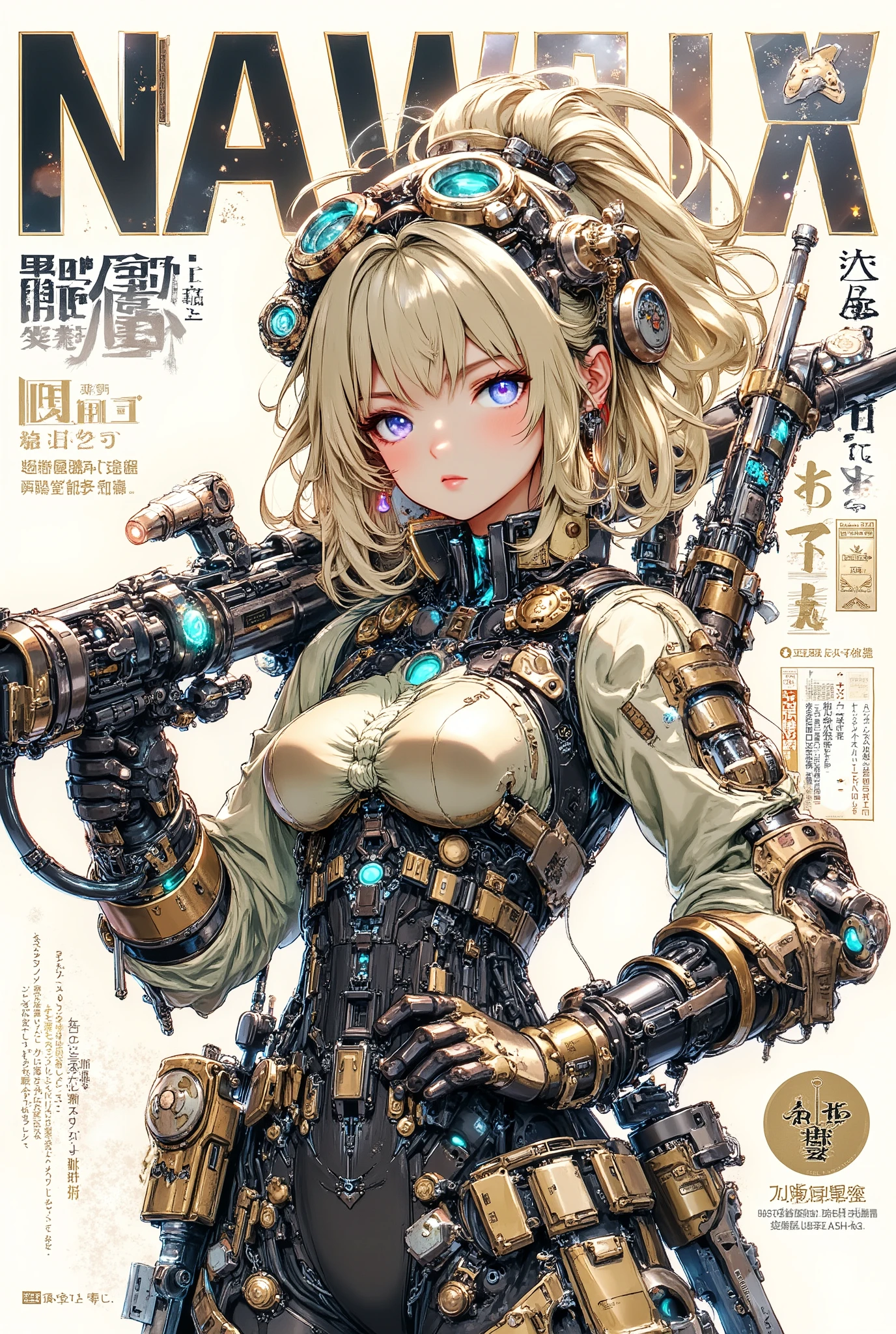 (anime art style (((magazine cover))) illustration) of (cute Asian cyborg girl wearing an extremely intricate cybernetic plug suit and holding a rifle))、((Japanese text)), (Machine Body), ((LED lights))