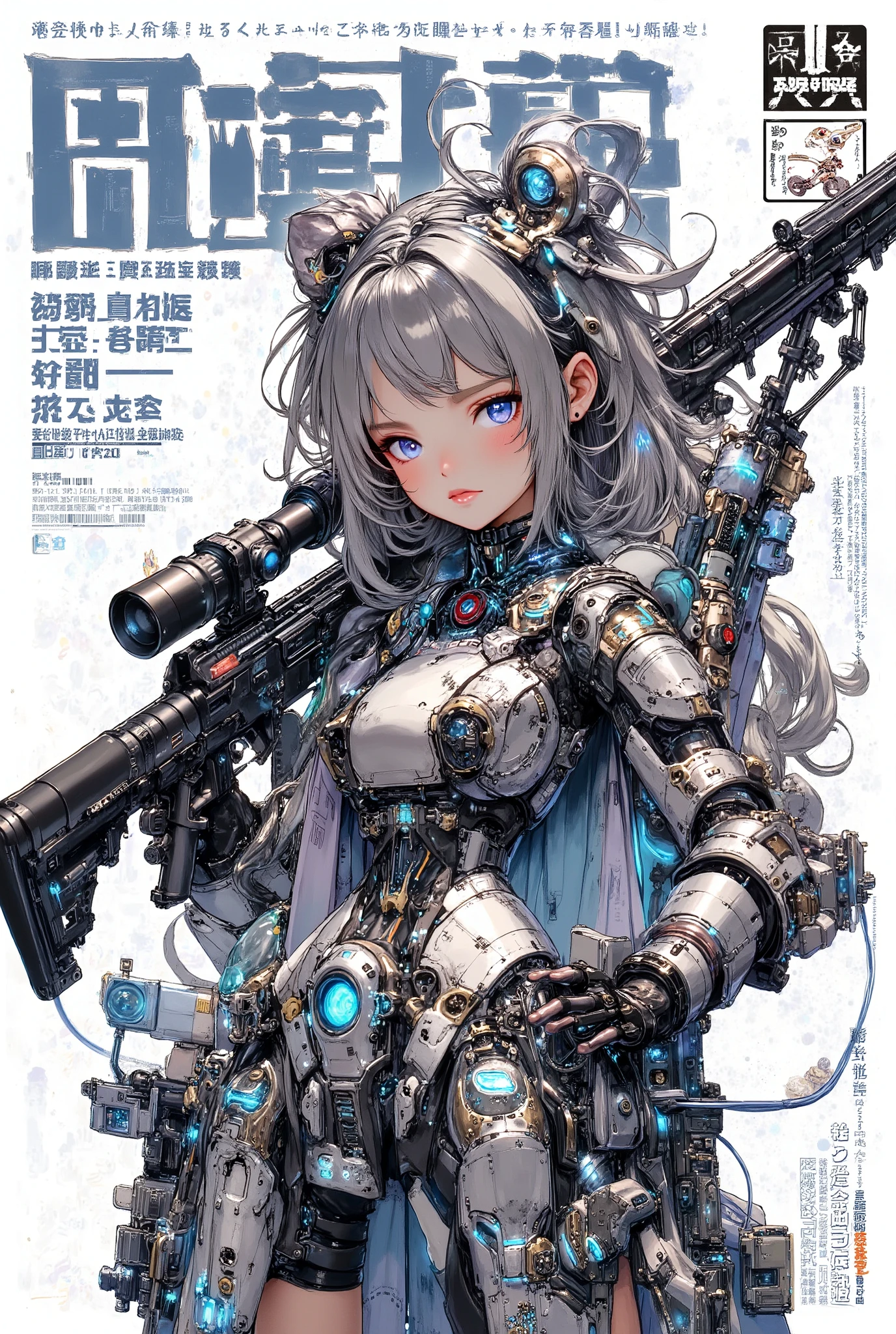 (anime art style (((magazine cover))) illustration) of (cute Asian cyborg girl wearing an extremely intricate cybernetic plug suit and holding a rifle))、((Japanese text)), (Machine Body), ((LED lights))