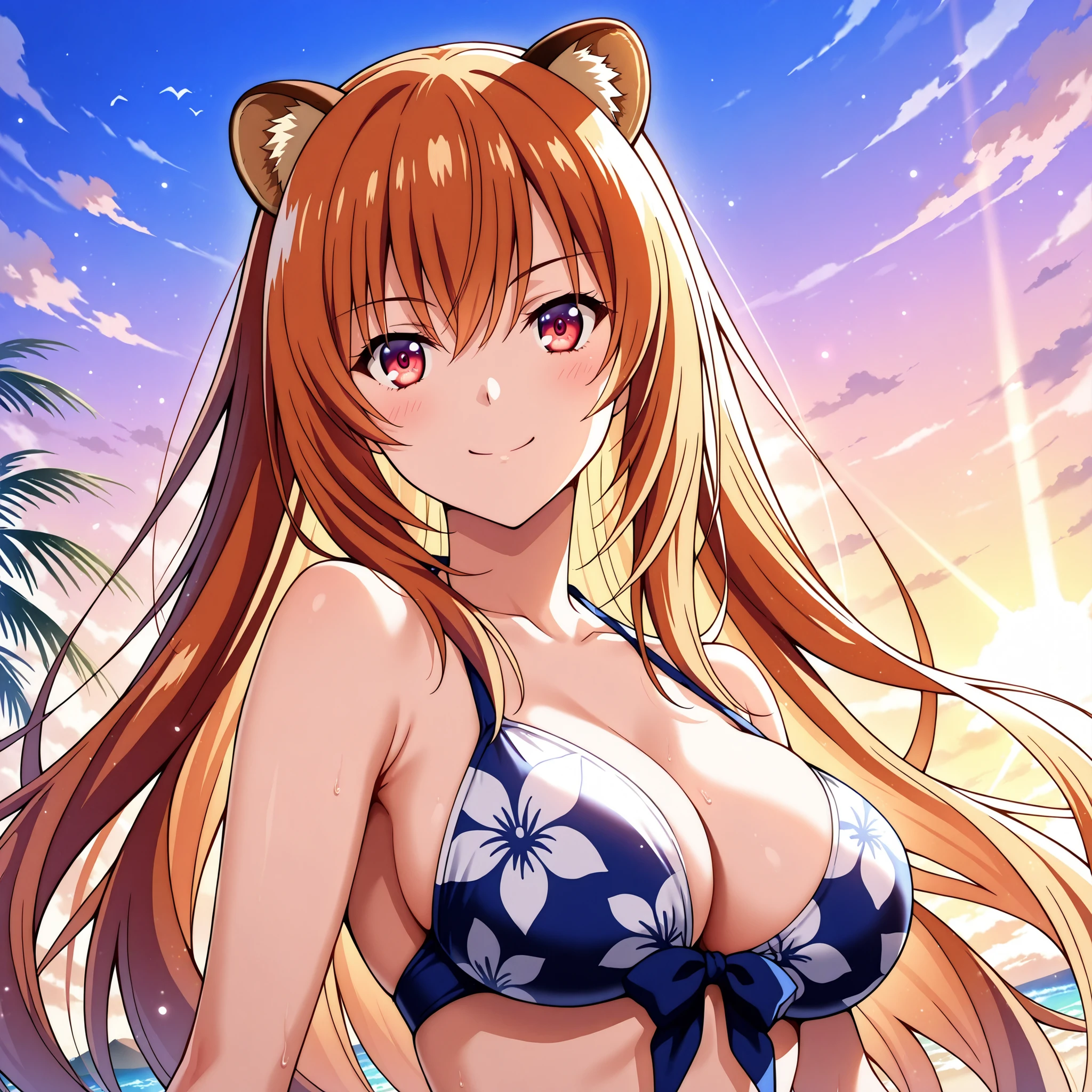 Honami Ichinose, by Youkoso Jitsuryoku Shijou Shugi no Kyoushitsu e,  with long brown-orange hair, Red Eyes. round raccoon ears , slender figure and big breasts. She has a cheerful smile and blushes. She wears a magenta bikini with floral details. She happily walks along a paradise beach. Ultra-detailed anime-style art, vibrant and dramatic lighting, soft and realistic textures. impeccable aesthetics, masterpiece quality, 4K resolution.