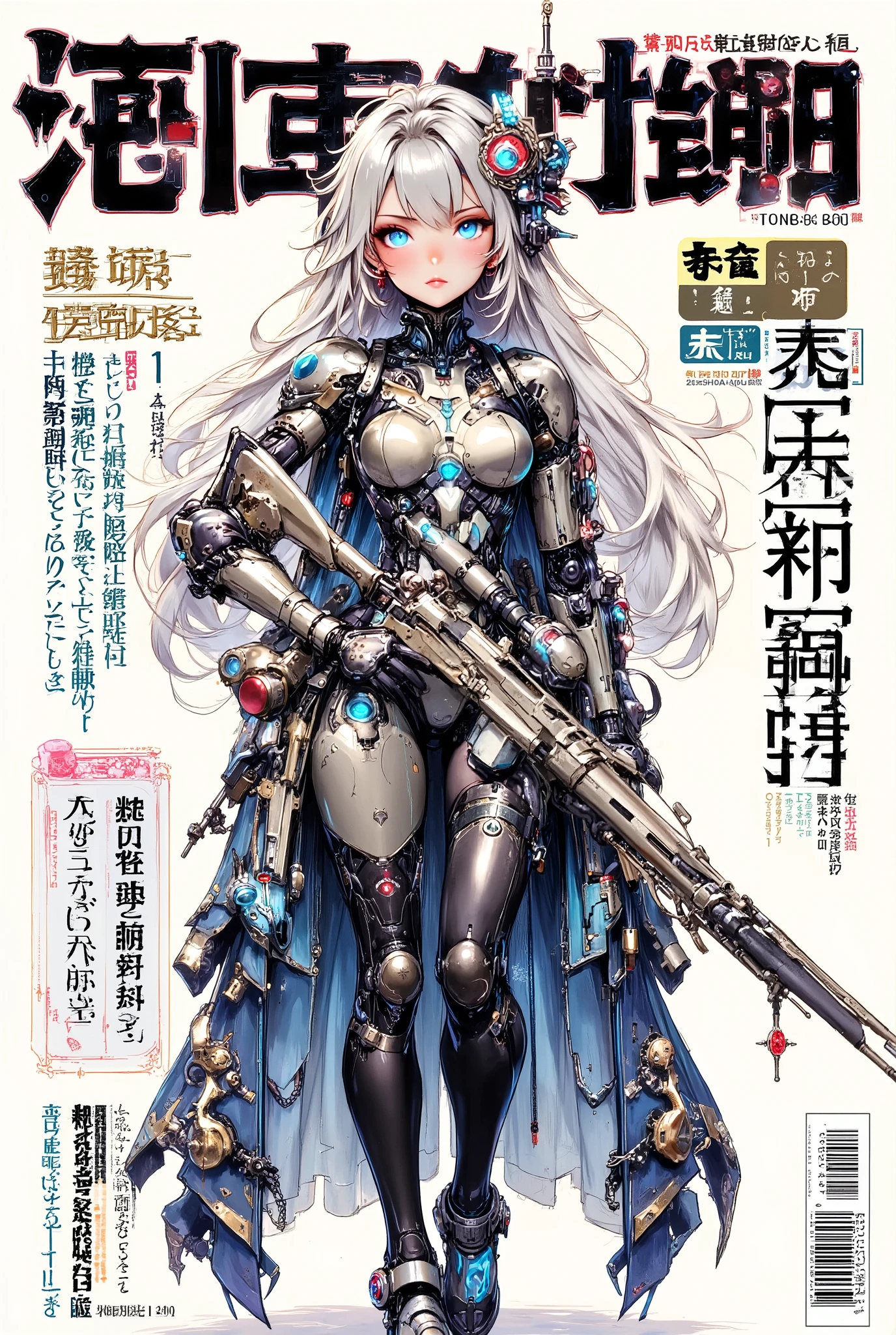 (anime art style (((magazine cover))) illustration) of (cute Asian cyborg girl wearing an extremely intricate cybernetic plug suit and holding a rifle))、((Japanese text)), (Machine Body), ((LED lights))