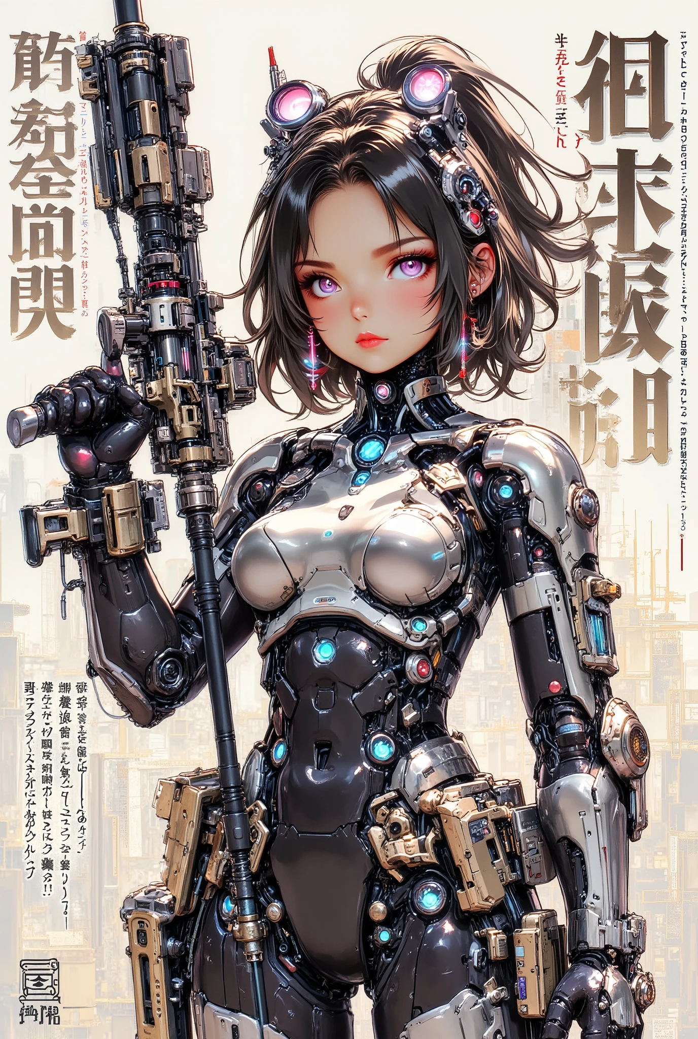 (anime art style (((magazine cover))) illustration) of (cute Asian cyborg girl wearing an extremely intricate cybernetic plug suit and holding a rifle))、((Japanese text)), (Machine Body), ((LED lights))