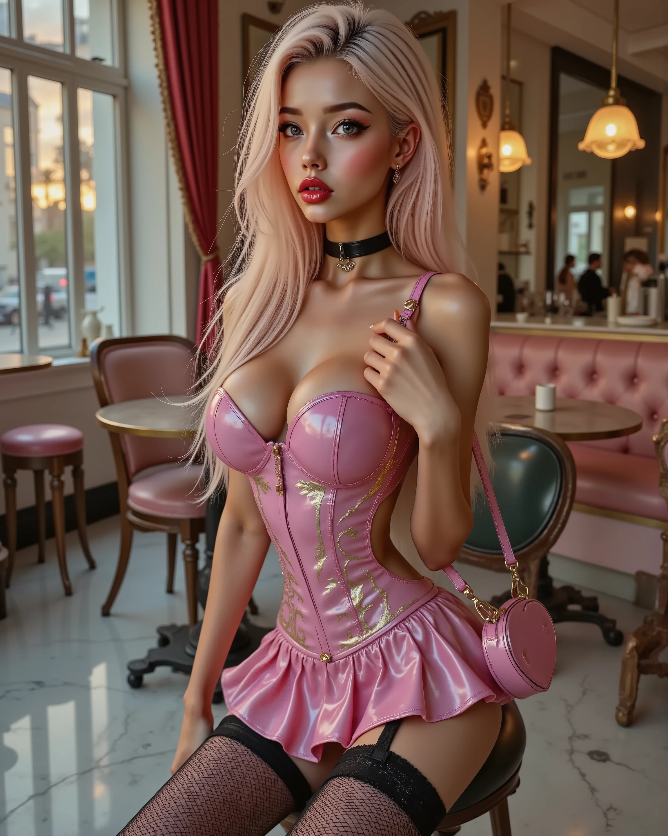  Ultra-realistic (photorealistic Realism) , (Key Directive: - The priority is the anatomical accuracy and texture of the materials - Ultra-sharp human eyes with biological accuracy) {Character: age19 with an toned extremly skinny athletic build | Face: A very beautiful and cute Woman, perfect face, perfect symmetrically eyes, red lipstick. her mouth is open in an expression of (orgasmic ecstasy) | "Eyes: (acid-resistant terminology) (macro-details:1 . 5): * Moist corneal surface (visible aqueous layer:1 . 2) * Ultra-detailed iris stroma brown (with gold flecks) * Precise limbal ring (slightly darker pigmentation:1 . 22)" - Lashes: blue individual synthetic fibers (crosshatched roots:1 . 2 , clump-free separation) (Post-Processing: - Frequency separation for skin vs eye details) (Avoid: pupil distortion , uncanny valley asymmetry , plastic-like wetness) | Skin: pale skinney and ultra tanned skin, Wet skin, (extremly skinny slim anorexic body) | Hair: ((insanly long flowing bright pink with blond high-lights shiny hair)) | Pose: she relaxes in luxurious 50s style café. Environment: (luxury 1950s-style cafe, sitting on a stool, near the window, interior in pastel warm colors, marble floor, sitting position on a chair (erotic scene)), Outfit: A dress a beautiful girl with a perfect figure in something nice, made of available materials [wearing (Gothic corset style (extra smooth, shiny pink latex (tightly laced at the waist, body-hugging)), intricately detailed:1.32)], [pink mini skirt ((pleated latex, tiny mini skirt:1 . 35), no_panties , (curvy)), wraps around the hips] [(mesh stockings on the legs with garters:1.3)], [((all here Latex Looks glossy and wet))], ((Pink/Purple Heart shaped handbag with gold chain shoulder strap)) | Lighting: - beautiful golden sunset light is touch here skin and body, Beautiful cinematic light (Rendering engine: Unreal Engine 5 path tracing, 16K texture maps).
