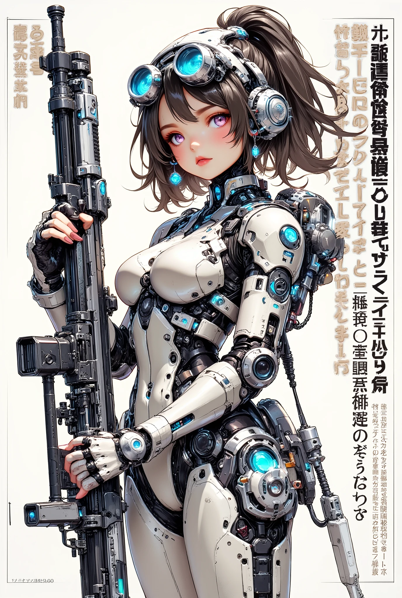 (anime art style (((magazine cover))) illustration) of (cute Asian cyborg girl wearing an extremely intricate cybernetic plug suit and holding a rifle))、((Japanese text)), (Machine Body), ((LED lights))