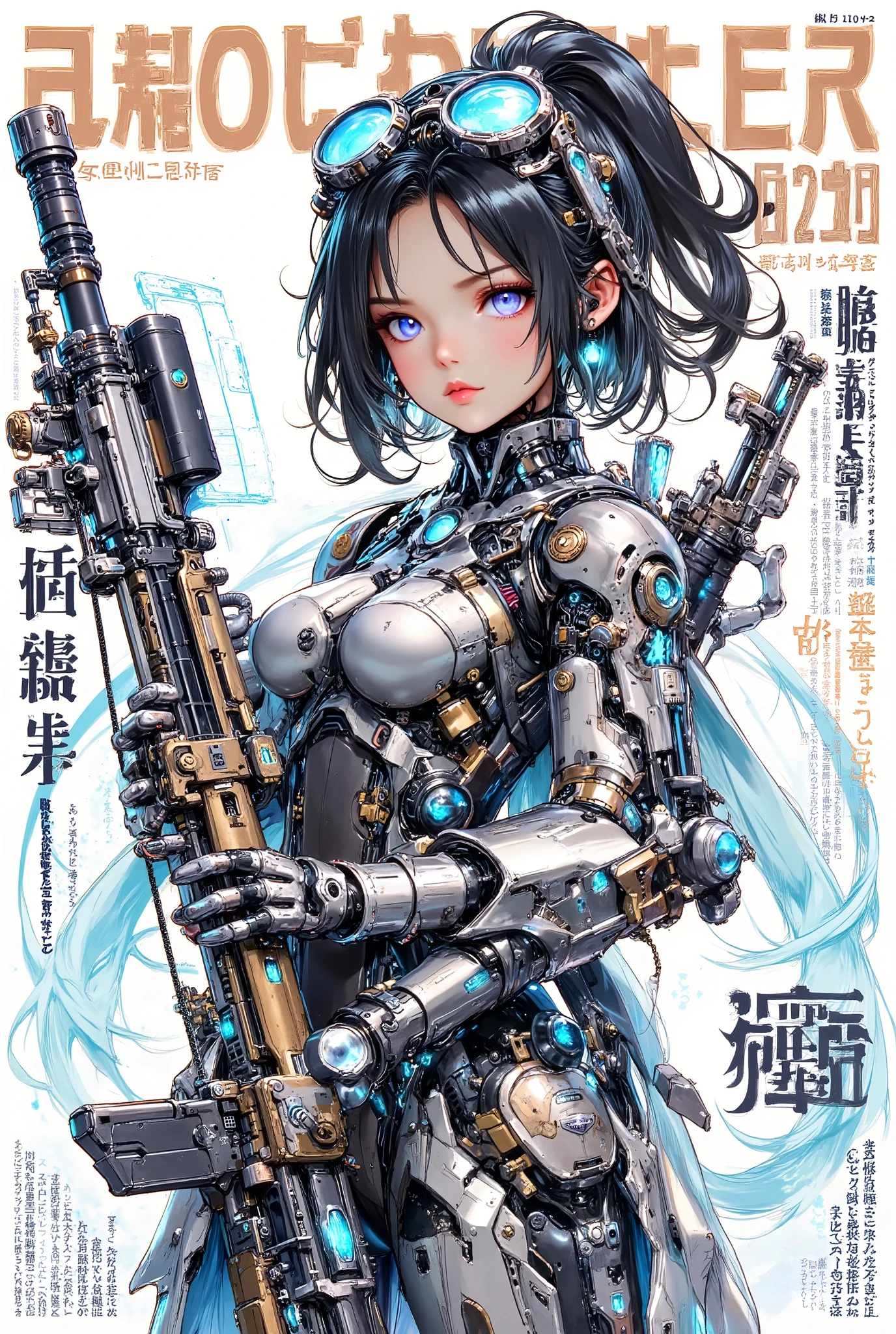 (anime art style (((magazine cover))) illustration) of (cute Asian cyborg girl wearing an extremely intricate cybernetic plug suit and holding a rifle))、((Japanese text)), (Machine Body), ((LED lights))