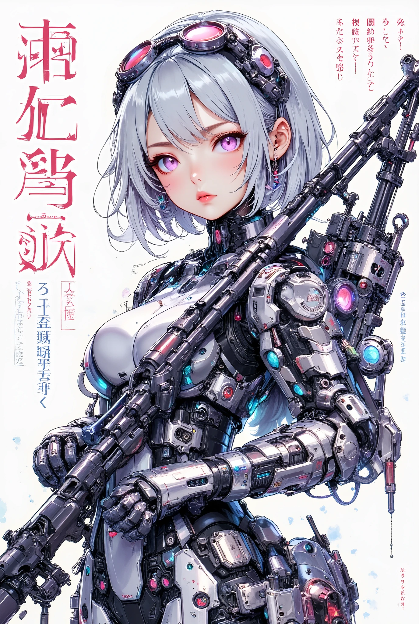 (anime art style (((magazine cover))) illustration) of (cute Asian cyborg girl wearing an extremely intricate cybernetic plug suit and holding a rifle))、((Japanese text)), (Machine Body), ((LED lights))