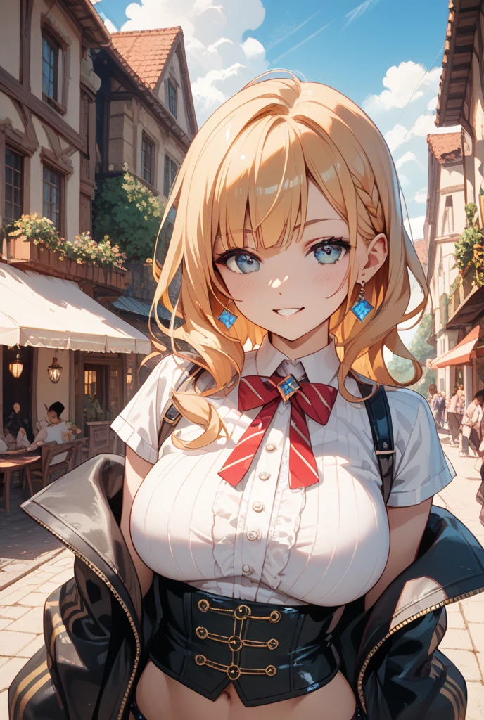 super insane detail、disorganized、ultra high resolution、super detail、highest quality、 1 girl、solo、nice hands、perfect hand-made (Vintage style beret with flower pin:1.3)、(navy&Red Plaid Dress:1.5)、(Gold buttons on the front:1.2)、(frills、red bow tie、Ivory blouse:1.4)、(peach cardigan、cable knit patterns:1.3)、(black tights denier２０:1.1)、(red mary jane shoes:1.2) best smile、open your mouth、wave your mouth、 Awesome pose、cowboy shot、slender、Look straight ahead with shining eyes、cute、symmetrical face、超cute女の子、超cute顔、Ultra-fine eyes、super cute hair、超cute、Super beautiful、 stylish clothing design、Super famous theme park、Central Street、crowd、attraction、 big breasts、soft swaying breasts、ＢＲＥＡＫ　(medium hair、Braid、silky smooth hair、dark green eyes)、hair between eyes