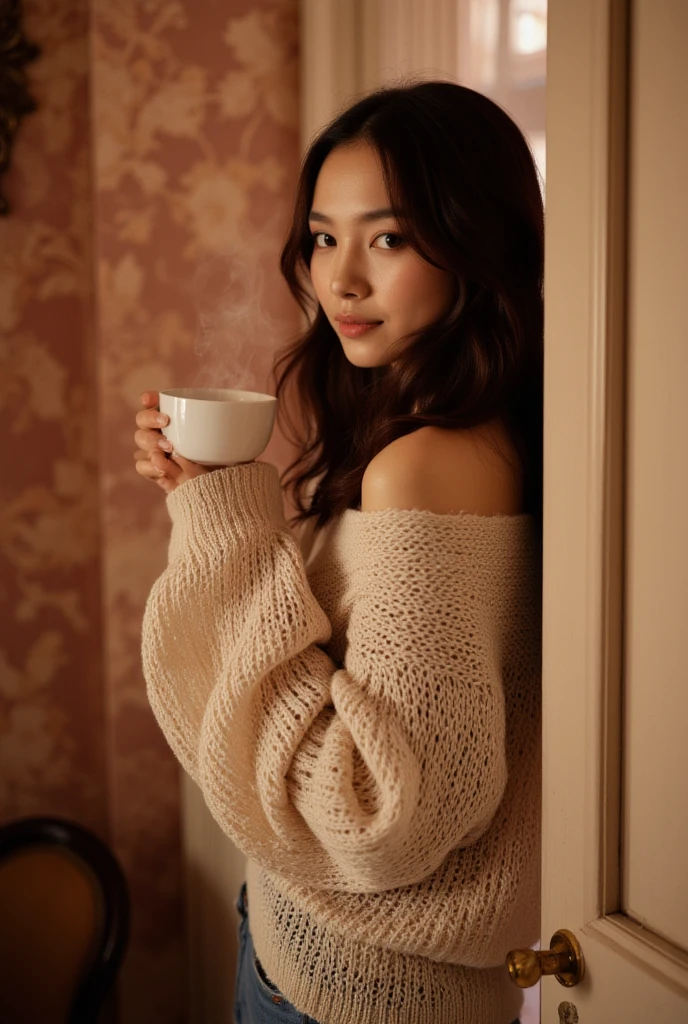 young woman, 30 years, portrait, Medium breasts, slim, long black hair with pink highlights, bang, Is it juniper, hot, Soft or colored lips, Russian, short green shirt, loose jeans, simple background, flat colors, perfect hands, Ideal ,

