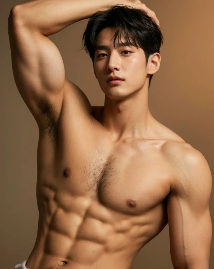 Korean male portrait, Korean handsome face, perfect face, muscular body, , big fluffy  muscle, deliberate, masterpiece, best quality, highest quality, cinematic lighting, very handsome, ultra realistic, gorgeous,