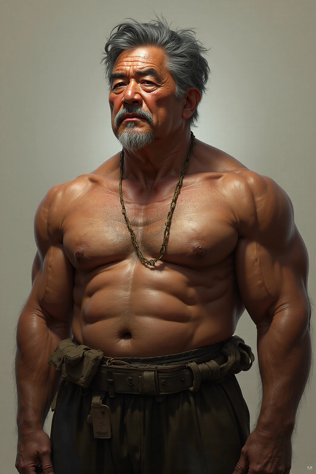 (masterpiece, intricately detailed, highest resolution, best quality:1.2),a cocky Assyrian male model,a 80 y.o muscle dad with a muscular physique sitting on a chair with black eyes,dark-skinned male, huge beard, mutton- chops, wearing chest , bracelets, necklace, jewelry,  ,saggy ,hairy chest,vascular,muscle striations,soft light,fantastic realism,