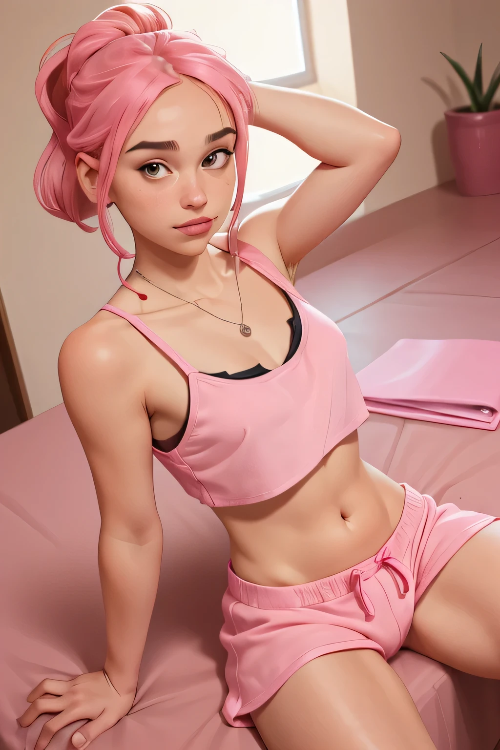 bra under tank top, bra, tank top,score_9, score_8_up, score_7_up, 1 girl, (flat :1.2), wearing very small pink pajama shorts and a skimpy cropped top, leaning against a kitchen counter, ponytail, necklaces, looking straight at viewer