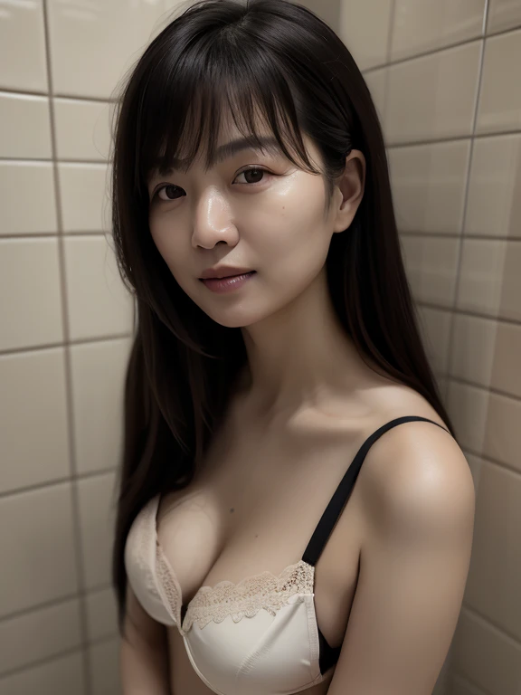 ((realisitic:1.4))、(high-level image quality、hight resolution)、((japanes))、((The upper part of the body:1.2))、(big eye) 、Flat bangs、(Black Hair)、Solo、((40 years))(huge areolas),(erectile nipple)、Clean、A slender、beauty legs、Riho Yoshioka、selfee