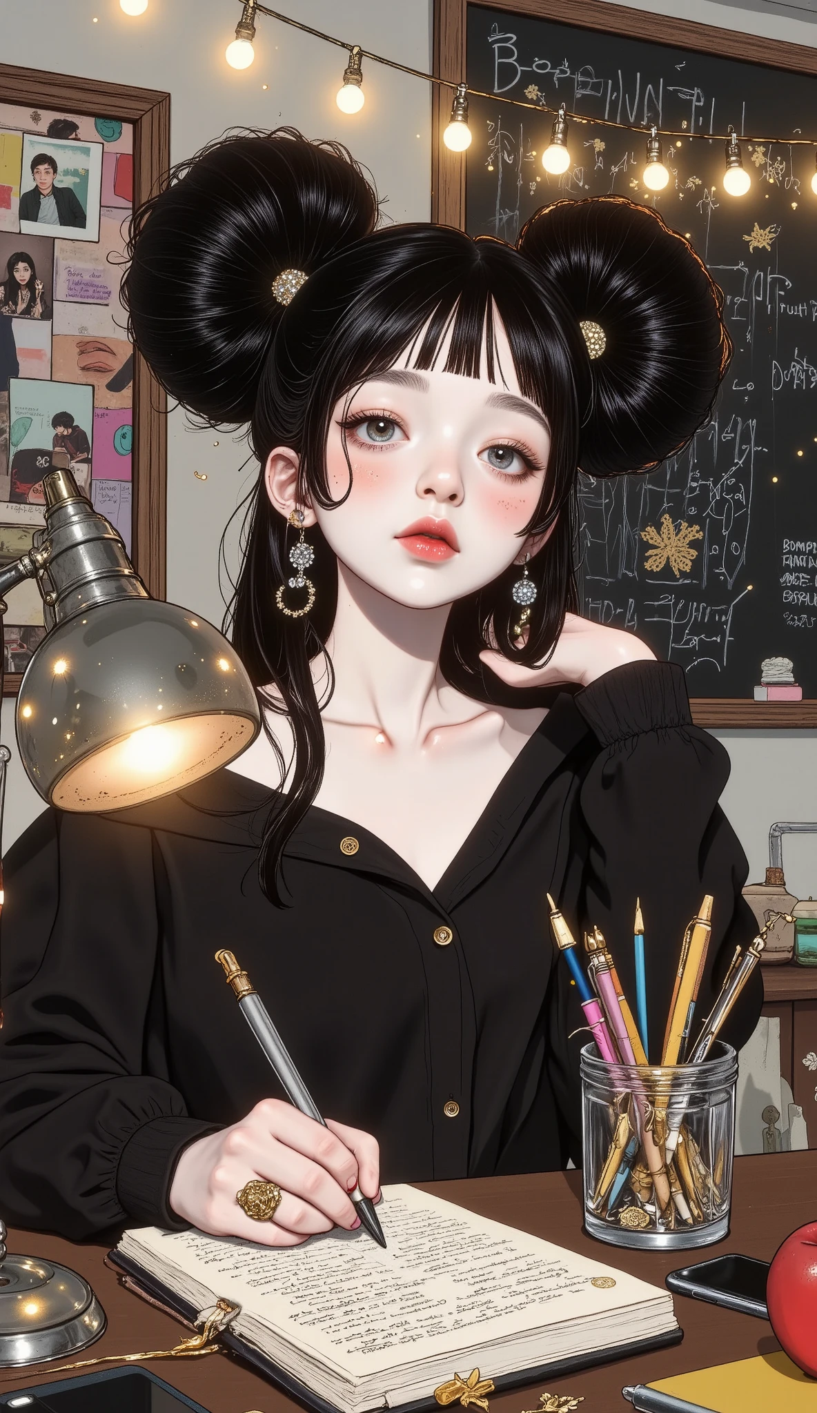 ((( Plan General :1.51)  a general plan of a young woman clothes modern and fun ,  with loose black hair and cyan reflections  ,  has part of her hair tied up in a slightly disheveled and fluffy bun  ,  earrings with rings  ,  red makeup and full lips  ,  abundant and long false eyelashes  , Sensual comic book style look sitting at a desk with a designer lamp on her left she is writing in her notebook,  on the desk there is a container with pens  , pencils, ,  you can see keys a cell phone  , An apple, In the background there is a blackboard  , with photographs  , And things written  ,  a garland of lights and dried flowers  ,  a curtain that moves with the wind  ,  shade of the room faint  , Beautiful comic art, neoartcore y charlie bowater, Charlie Bowater style , Graphic artist Artgerm , comic art style , lois van rossdraws,  Charlie Bowater and Artgerm  , Graphic novel art , in Charlie Bowater style , Beautiful work of art , Charlie Bowater art style , ( mejor calidad,4k,8K,high resolution, masterpiece:1.2), ultra detailed , sharp focus,(shiny hair,photoshiny hair,photo-shiny hair:1.37), very detailed face , extremely detailed facial features ,hyper shiny hair skin texture, extremely fine details ,intricate details, detailed eyes, Detailed nose , detailed lips, detailed facial expressions ,Intricate facial anatomy, intense lighting, dramatic lighting, changing lighting , cinematic lighting ,chiaroscuro lighting, dramatic shadows ,DRAMATIC MOMENTS, vivid colors,rich colors,Deep contrast, cinematic depth of field , cinematographic composition, movie camera angle 