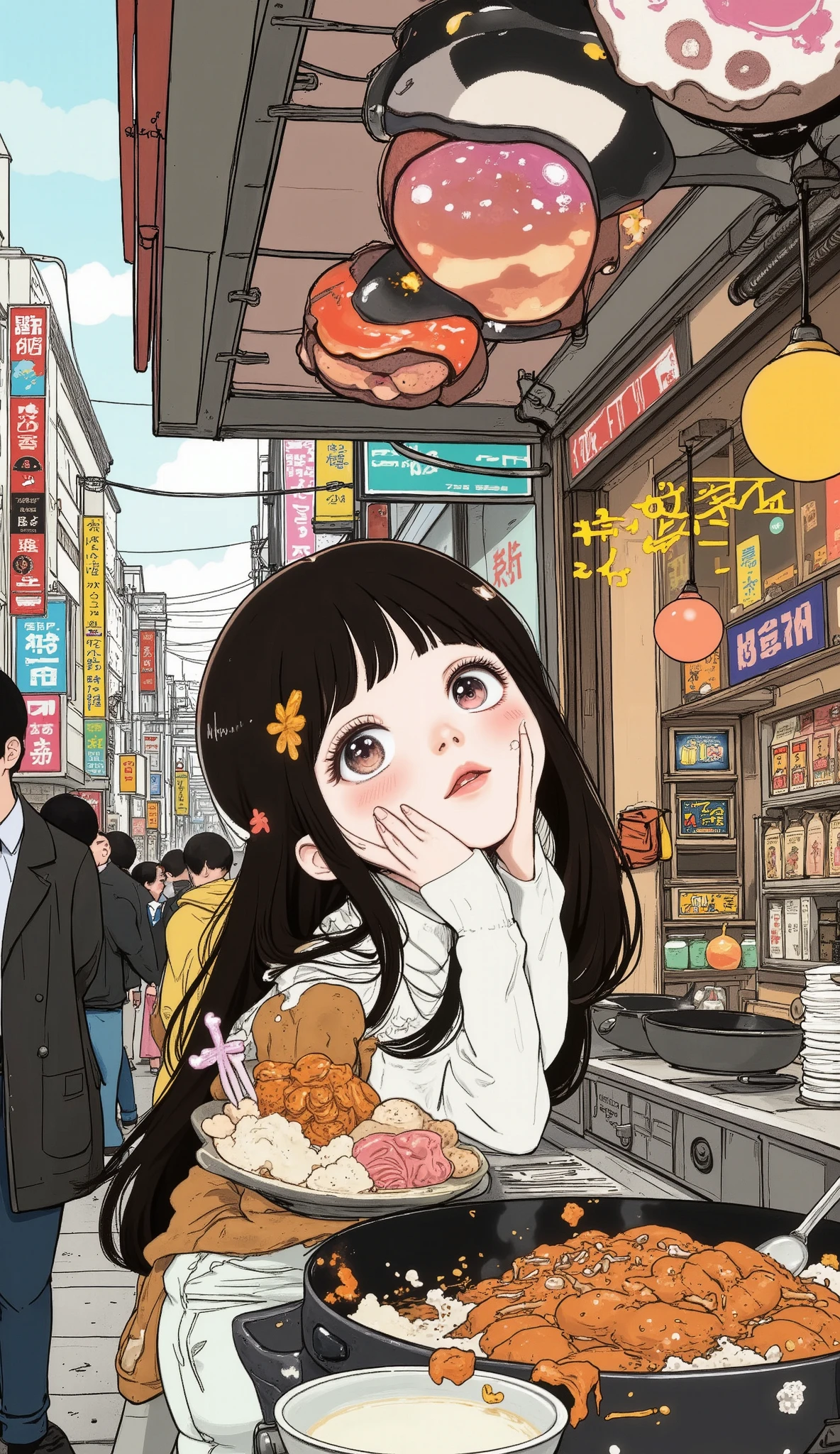  general plane ,  full body , street food stand, manga style, From comic , street food stand, on a busy street