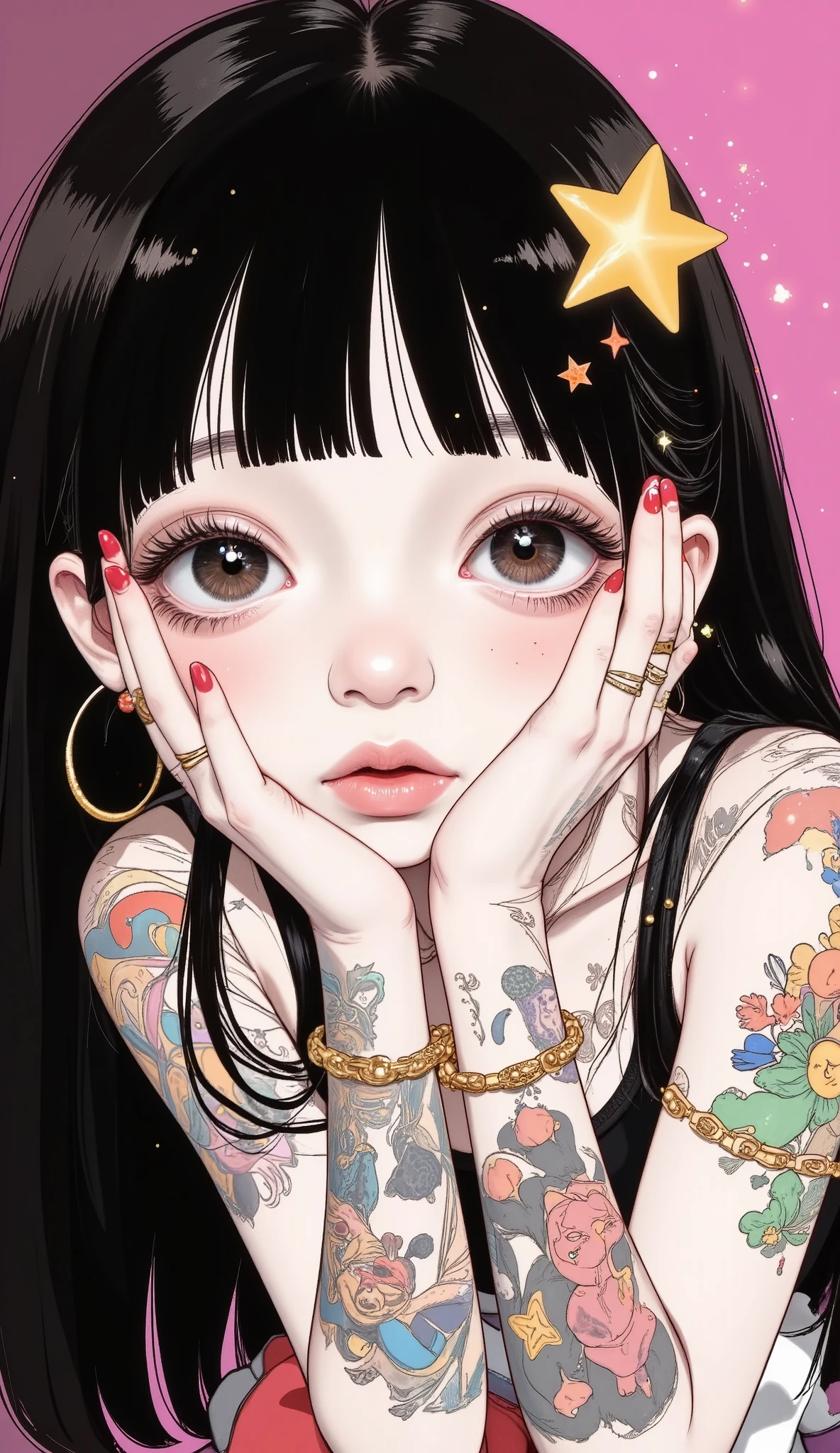  a close up of a girl with tattoos on her arms,   straight bangs shiny black hair  ,   colored sequins on the sides  ,  round cufflinks  ,   she is crouched with her elbows resting on her knees  ,   has both hands on the sides of her face  ,  her head slightly tilted down wears rings ,  has a star tattoo on one of her cheeks ,  false eyelashes , light-eyed,  pink cheeks , EMMO style  , dark, pink background,   digital art by Hikari Shimoda    ,  trend in CGSociety, Pop surrealism,  low quality Pop surrealism , Pop surrealism low quality style, Beeple y Jeremiah Ketner,  Japanese Pop surrealism , Cute kawaii, low quality, detailed artwork,  artwork in the style of pink guweiz,   surrealist pop art style  