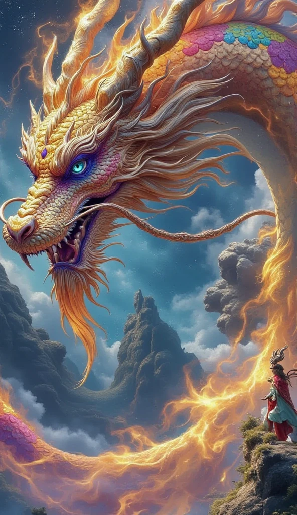 「Making an illustration of the golden dragon god。Long as a snake、Heading-up、Shōryū、sunny sky、spiritual、Spirit、chakra、The Spiritual World、Fantastical」