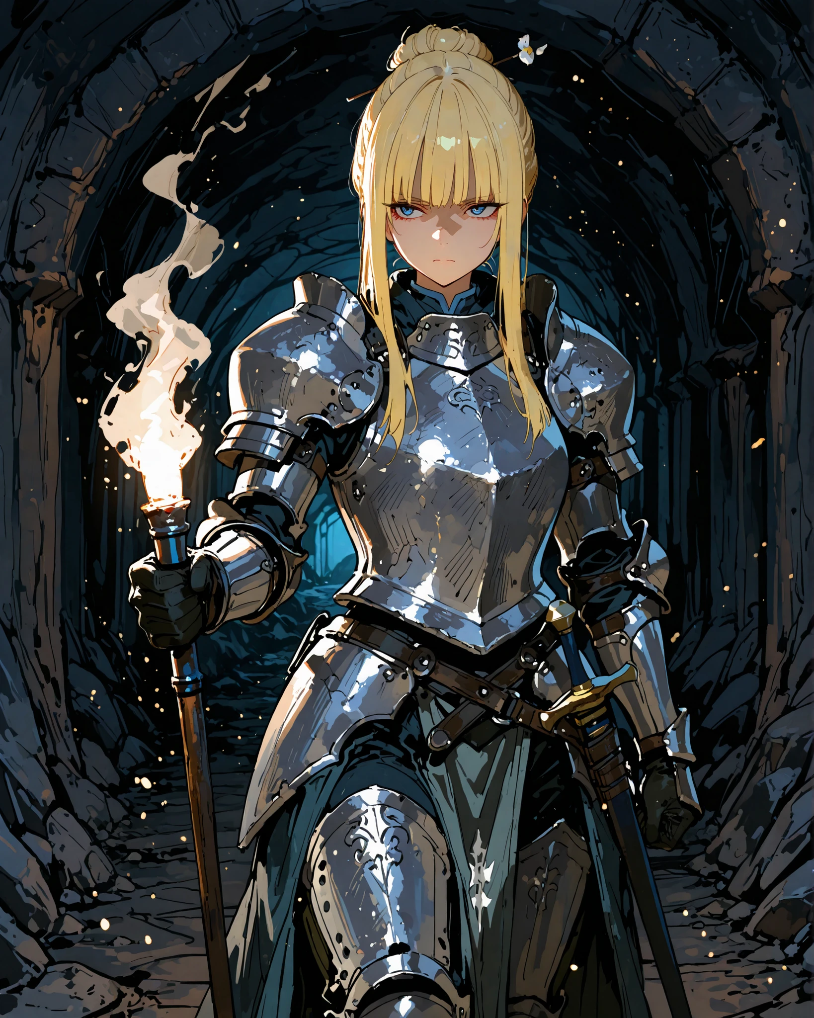 masterpiece, best quality, ultra-detailed, perfect anatomy,
748cmstyle,
anime style, upper body, female warrior walking, exploring with a torch in one hand, weapon sheathed, serious expression, bun hairstyle, hime cut, blonde hair, blue eyes, wearing gray armor, warm torchlight illuminating her face, dark room, rocky cave walls, subtle mist and dust particles, dynamic lighting, adventure atmosphere,