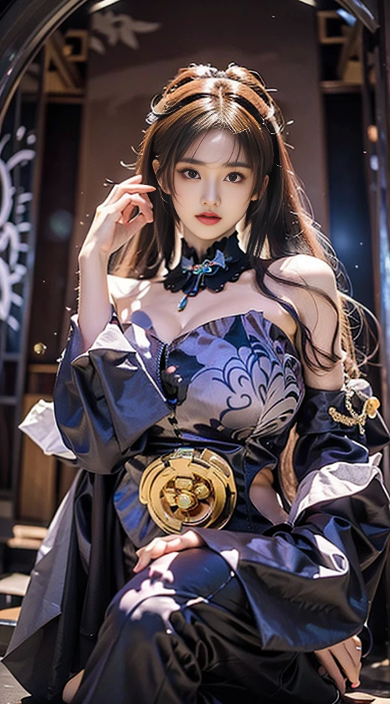 Best quality, masterpiece, ultra high res, raw photo, beautiful and aesthetic,deep shadow, dark theme,(ultra detailed:1.3),
1girl, sitting on bed, Headdress, hair ornament, full of curtain, drill hair, long hair, blonde hair, gradient hair, yellow eyes, solo, huge breasts, G-cup, big hair, blue hair, tiara, divine goddess, looking at viewer, royal palace, indoors, bedroom, astraea, full body, cns attire, layered dress, hat, detached sleeves, wide sleeves, jewelry, black pantyhose