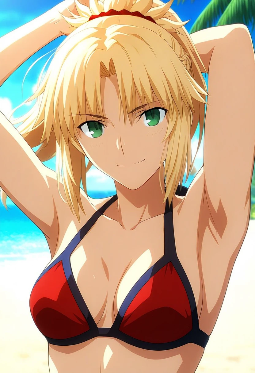 anime screencap, masterpiece, best quality,
<lora:FateApocrypha_Mordred_IlluXL:0.9>,
1girl, solo, closed mouth, skin fang, smile,
ponytail, parted bangs, french braid, blonde hair, red scrunchie, green eyes,
print bikini, red bikini, small breasts, 
standing, looking at viewer, cowboy shot,
lens flare, ocean, horizon, beach, palm tree, blue sky, blurry background