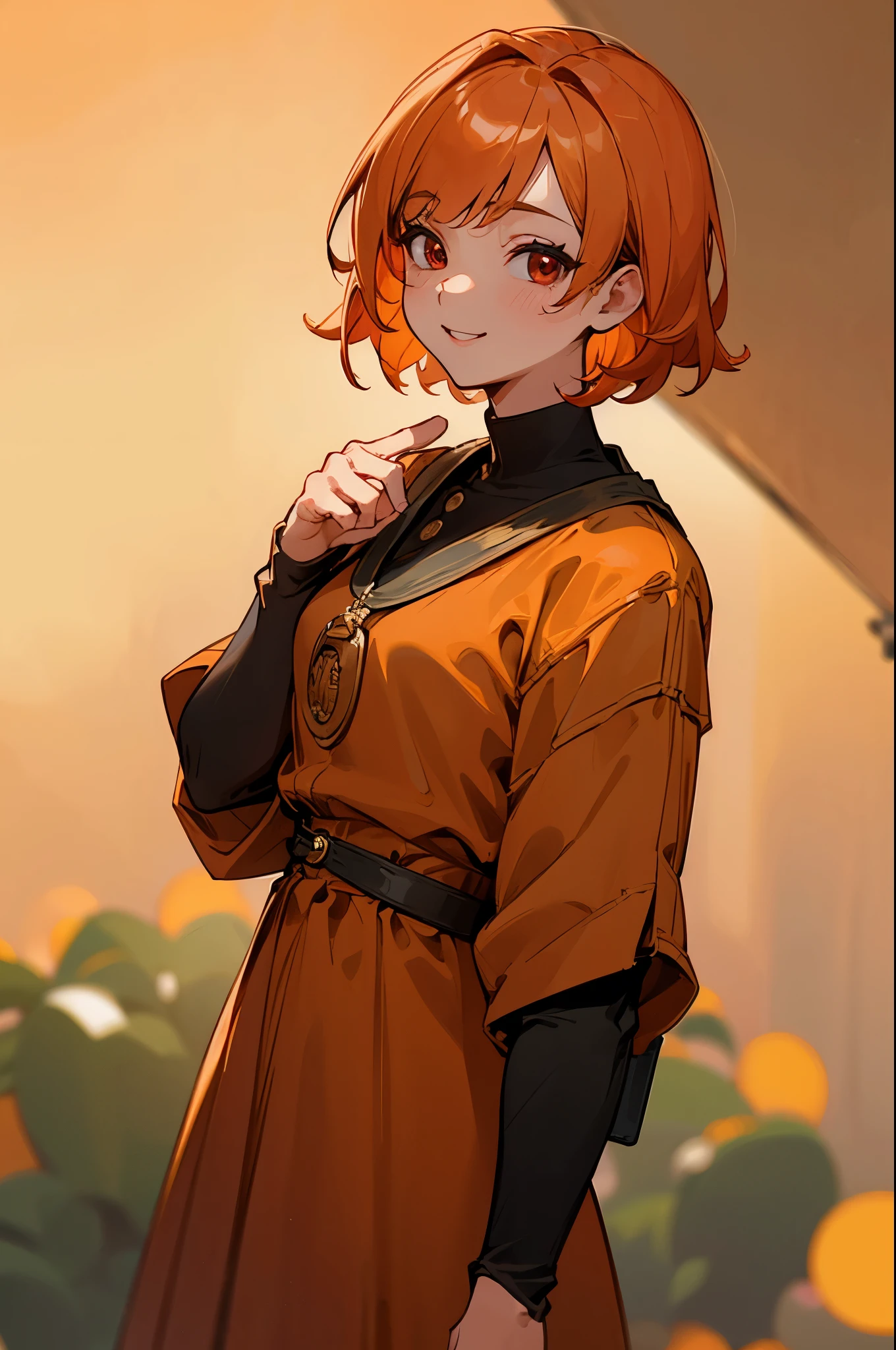 (masterpiece、Best Quality)、Exquisite details、8k、Sharp focus、(Bokeh) (Best Quality) (Skin refinement:1.3) (Exquisite details) (8k) (Detailed) (anime)、one woman、solo、orange hair、bob hair、round red eyes、big smiles、gold coin bag、walk at cave、orange Clothes、black inner shirt、Upper Body Closeup