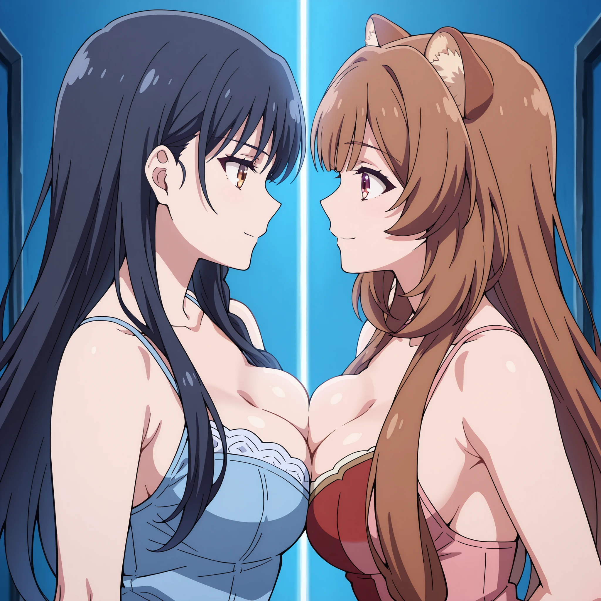 |two women 1st Horikita Suzune and 2nd Raphtalia. Raphtalia has amber eyes, rounded ears and a new hairstyle: cabello largo, central fringe and a side braid. Both have a curvy figure and large breasts. Bare breasts in contact.Meet in the center of a blue room, showing cheerful and flirty expressions. Ultra-detailed anime-style art, vibrant and dramatic lighting, soft and realistic textures. impeccable aesthetics, masterpiece quality, 4K resolution.